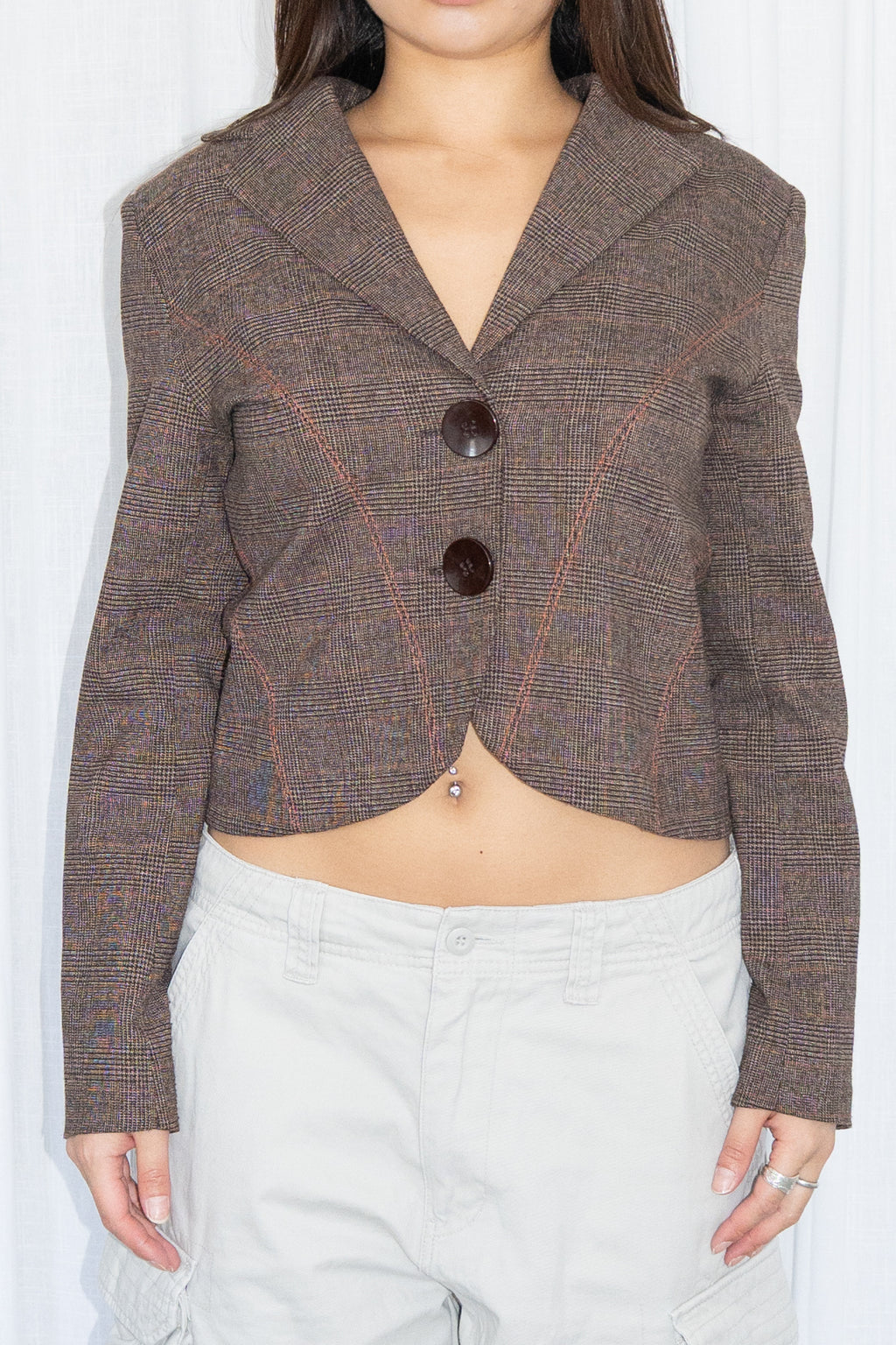 Brown Plaid Cropped Blazer - Size S