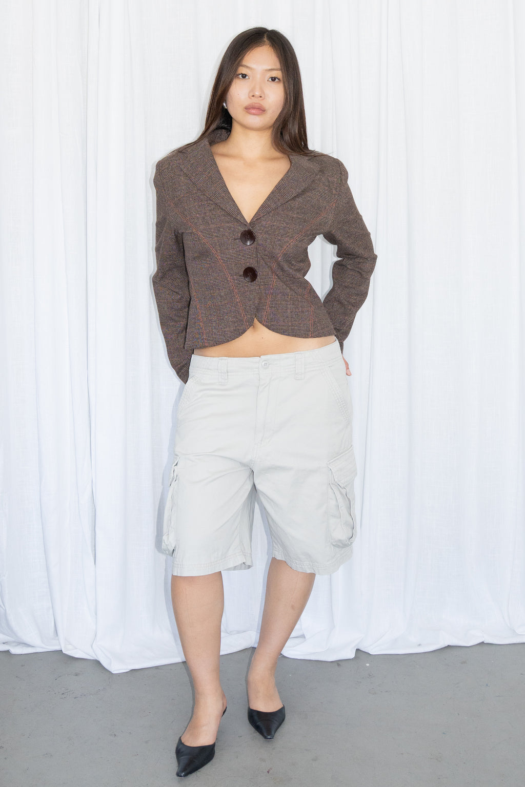 Brown Plaid Cropped Blazer - Size S