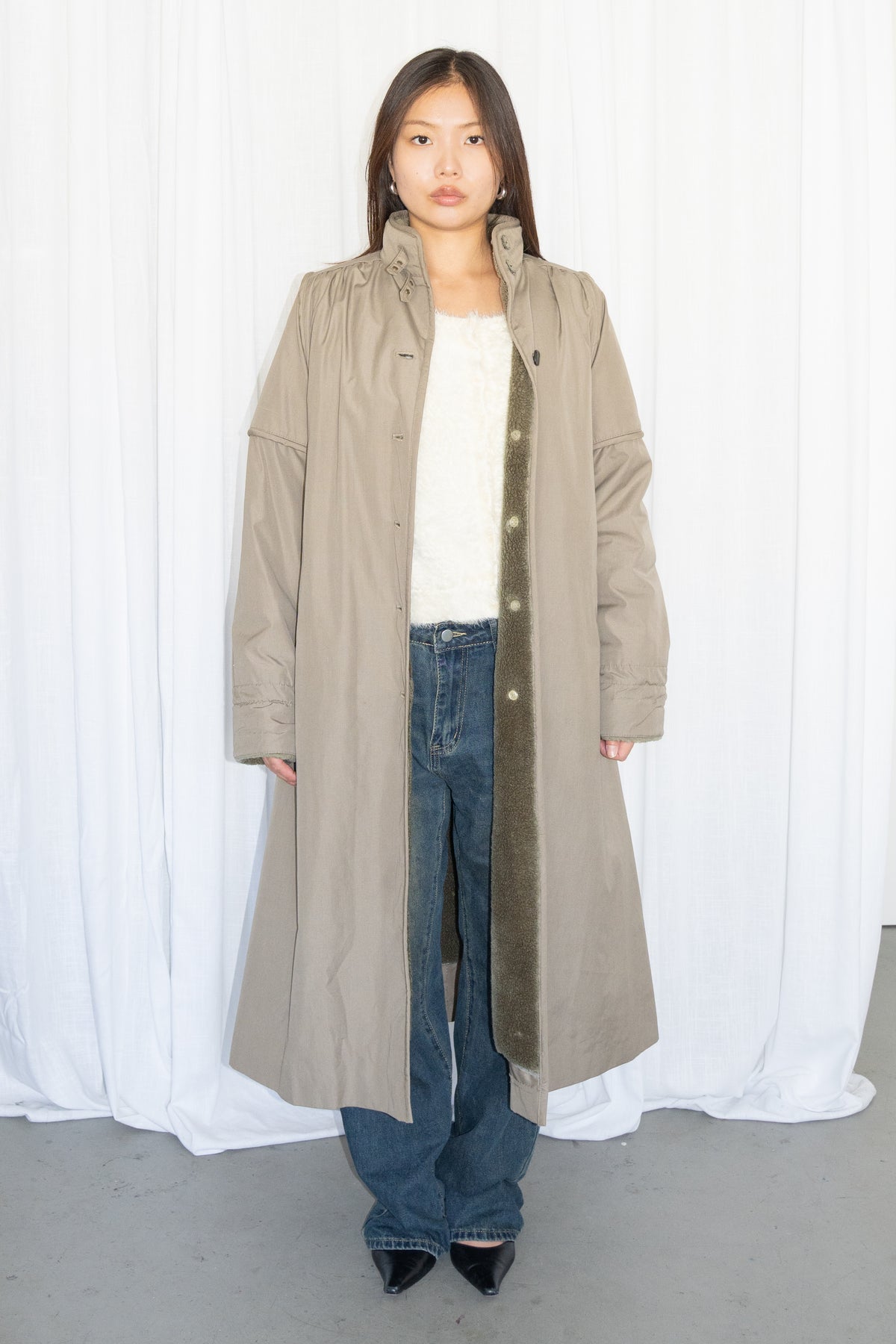 Green Long Trench Coat Wool - Size M