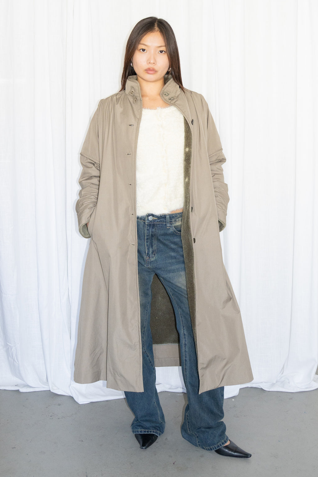Green Long Trench Coat Wool - Size M