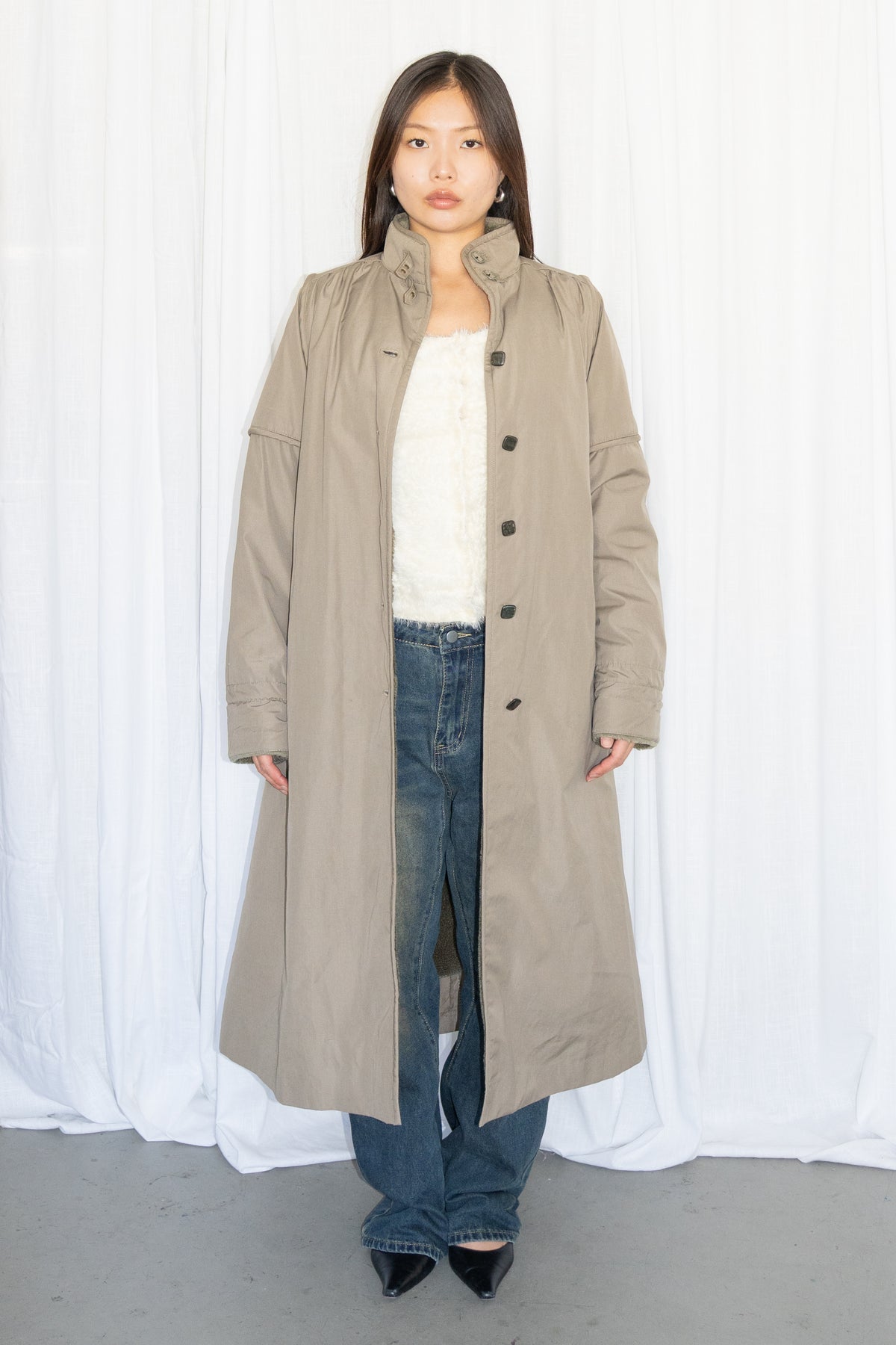 Green Long Trench Coat Wool - Size M