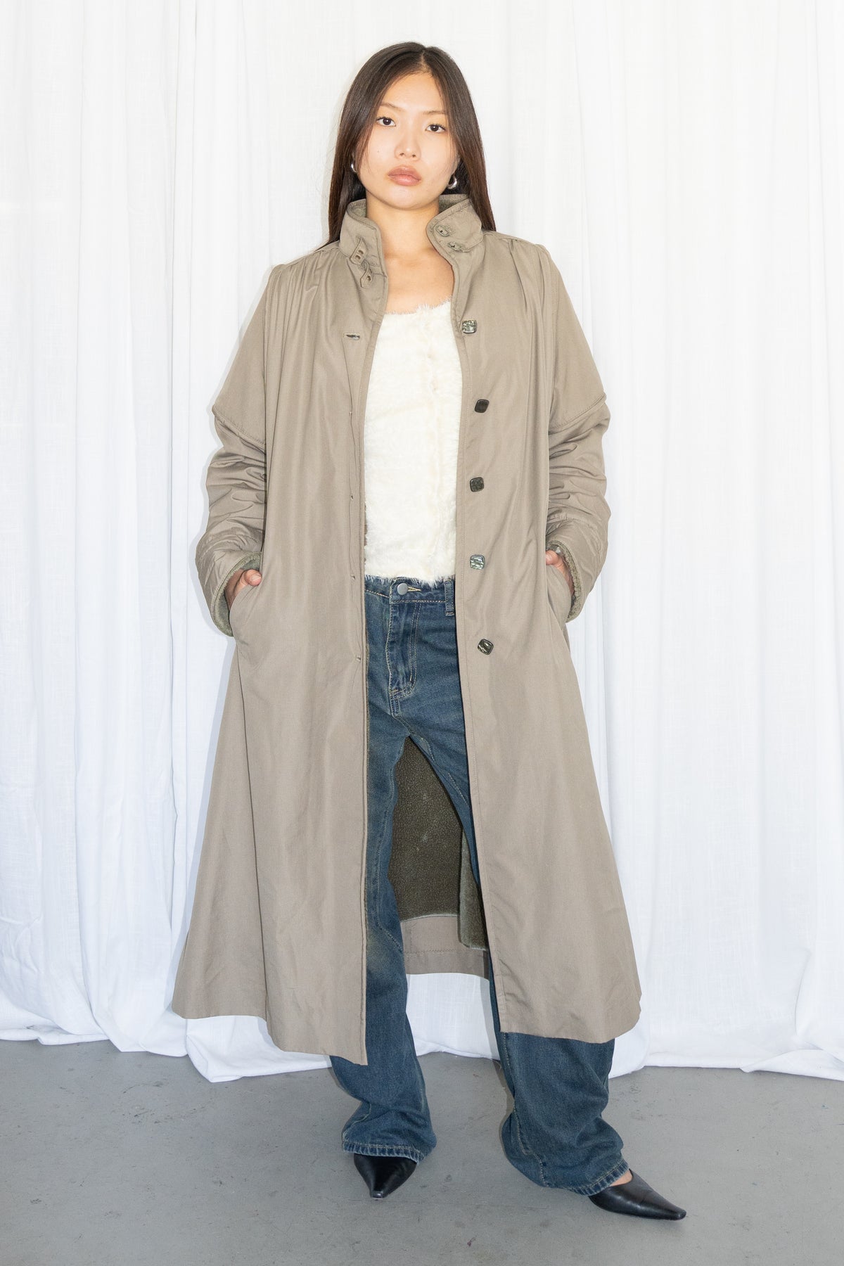 Green Long Trench Coat Wool - Size M