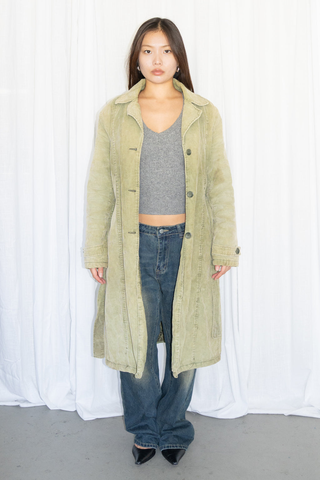 Green Corduroy Long Trench Coat - Size M/L