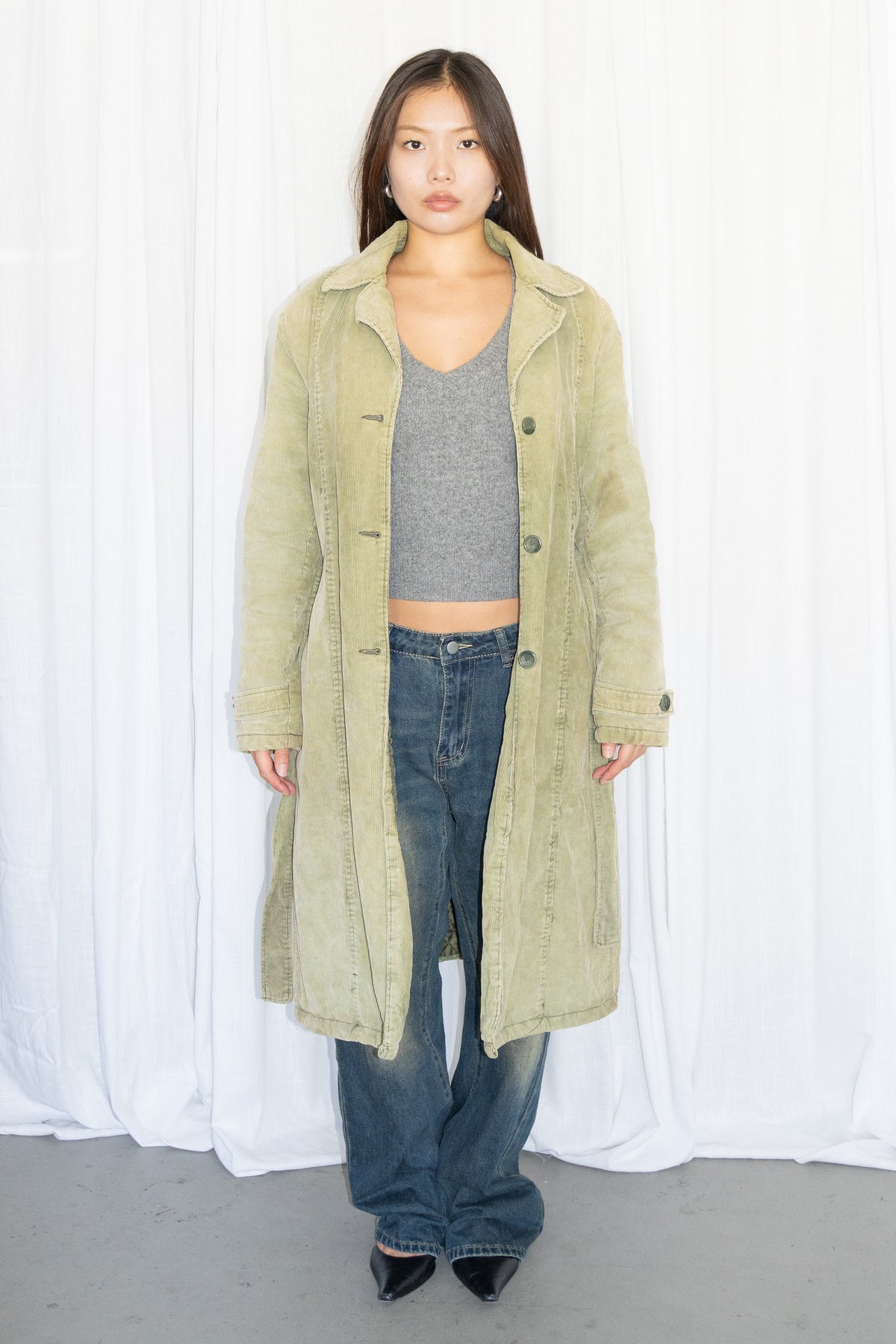 Green Corduroy Long Trench Coat - Size M/L