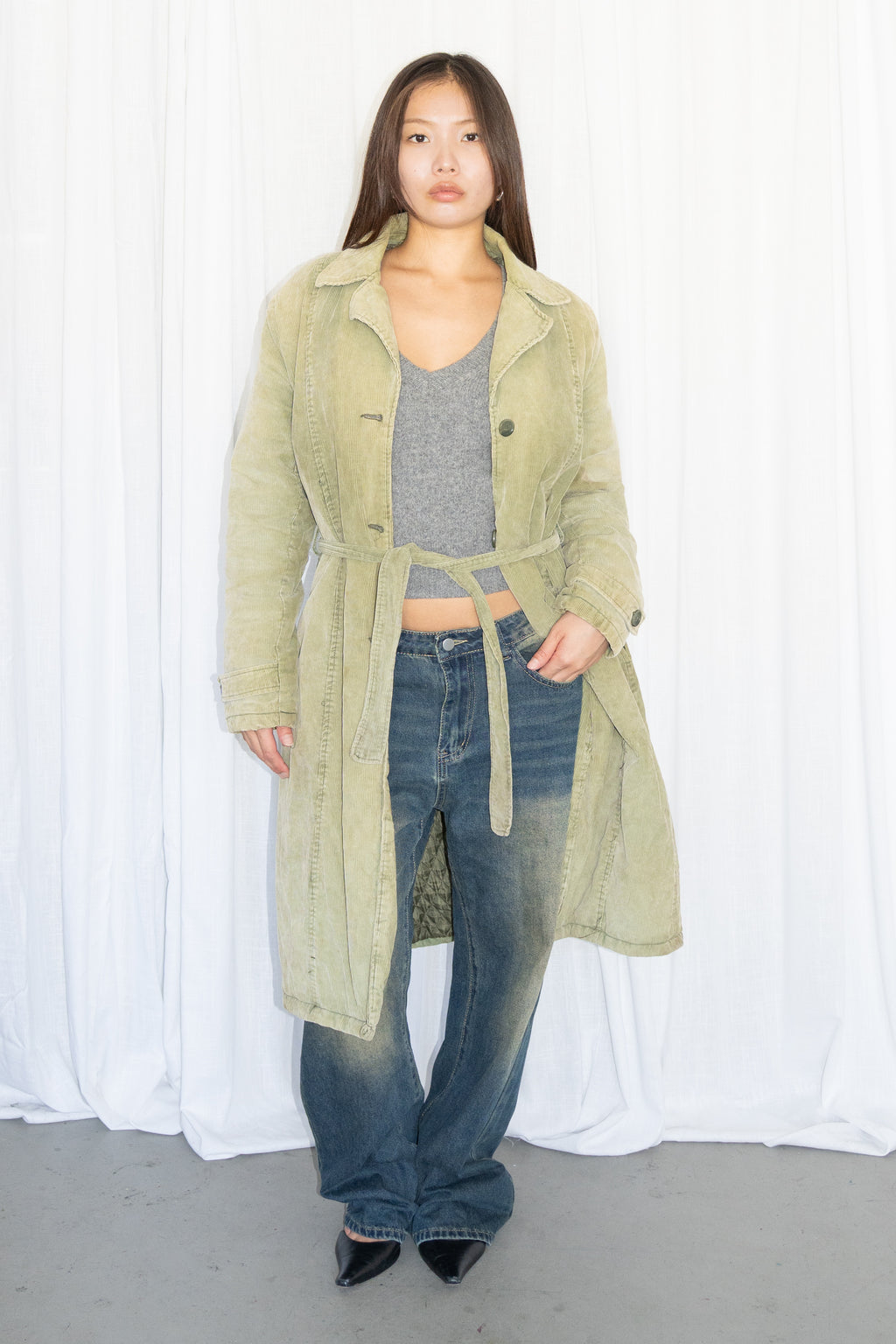 Green Corduroy Long Trench Coat - Size M/L
