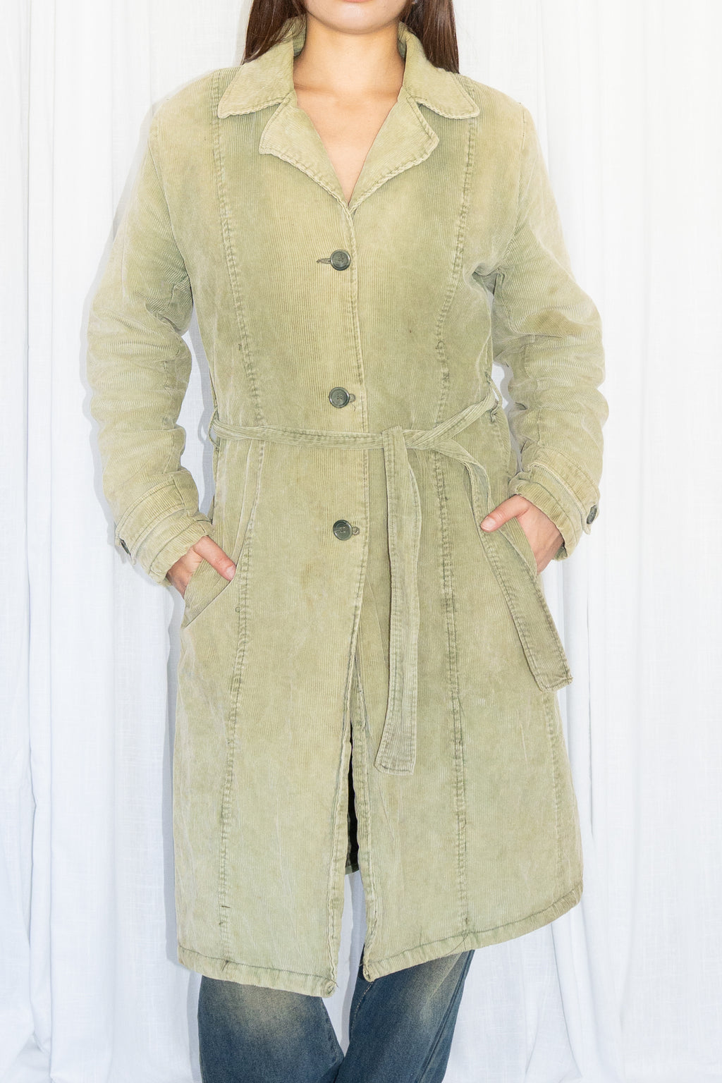 Green Corduroy Long Trench Coat - Size M/L