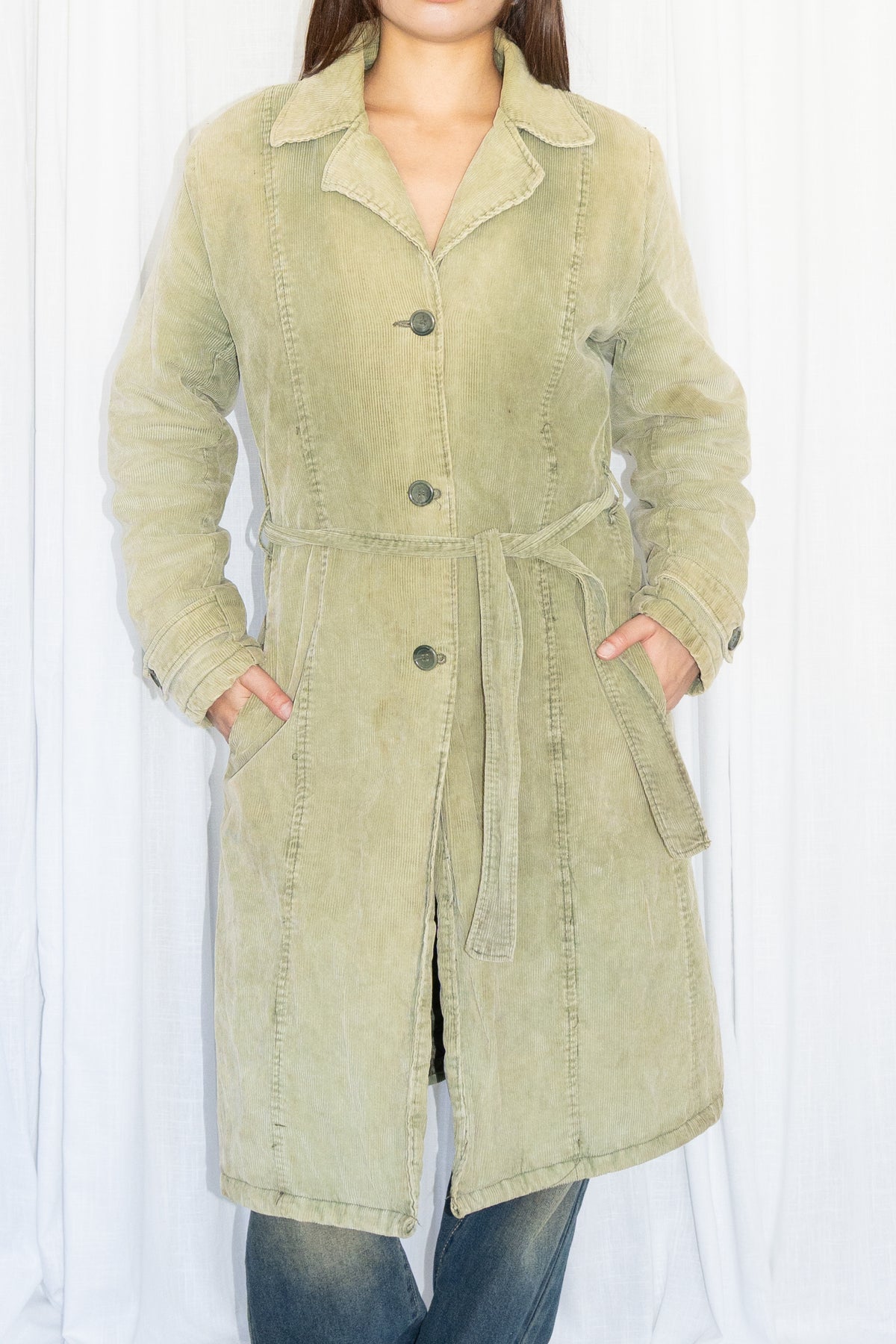 Green Corduroy Long Trench Coat - Size M/L