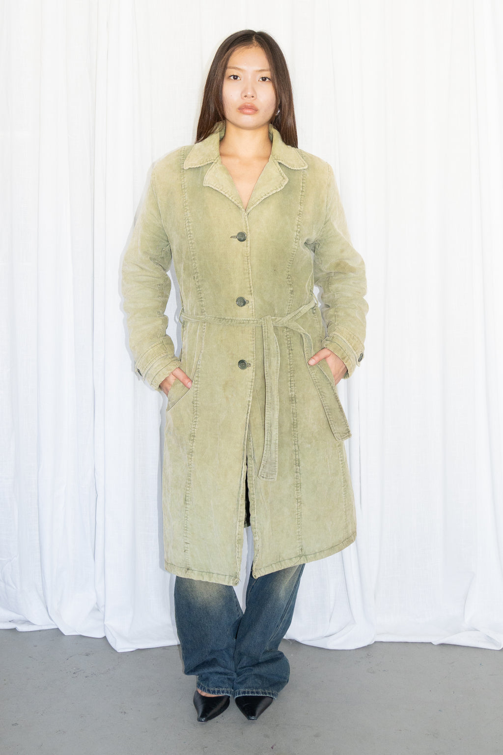 Green Corduroy Long Trench Coat - Size M/L