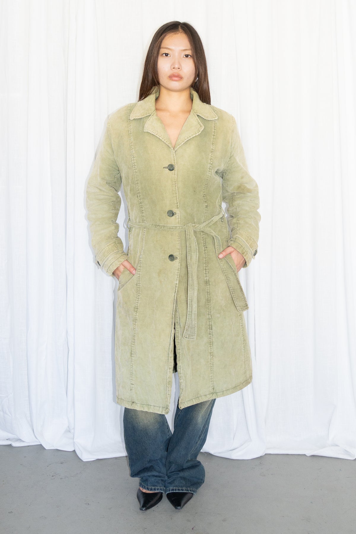Green Corduroy Long Trench Coat - Size M/L