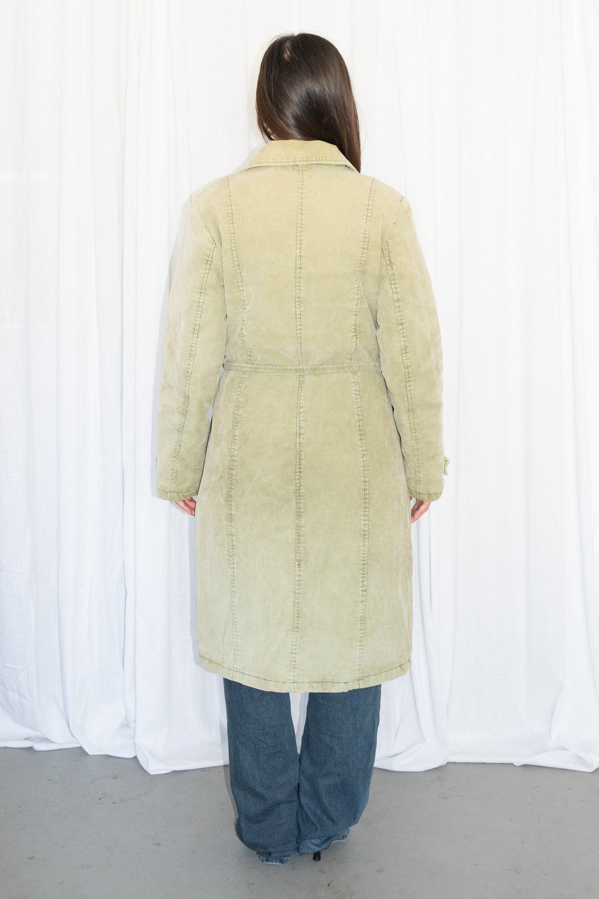 Green Corduroy Long Trench Coat - Size M/L