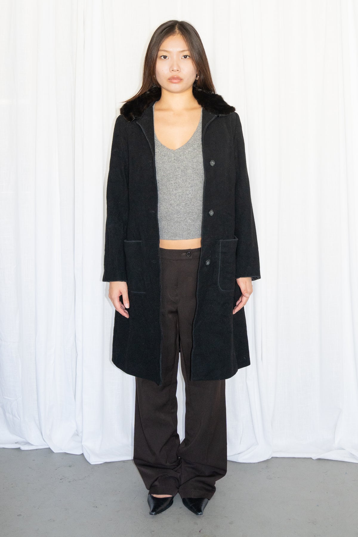 Black Long Coat with Fur Collar - Size S