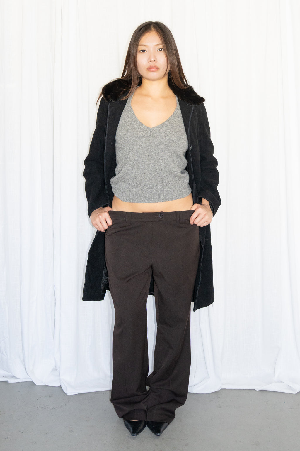 Black Long Coat with Fur Collar - Size S