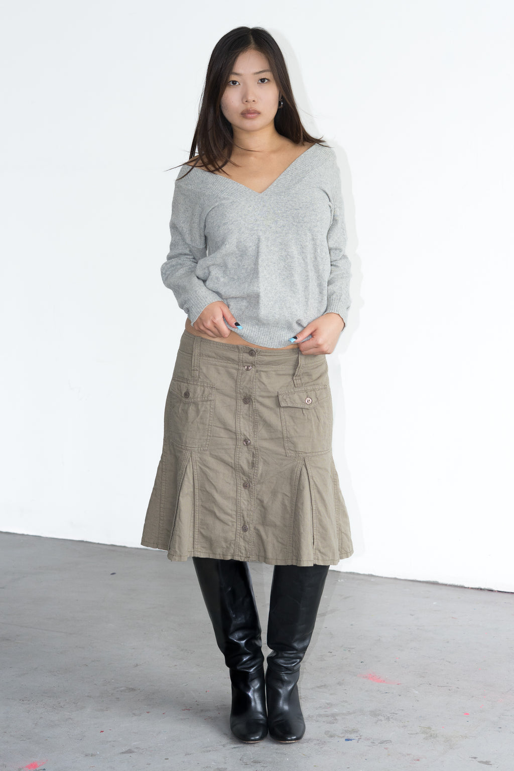 Khaki Green Skirt Cotton/Linen - Size L