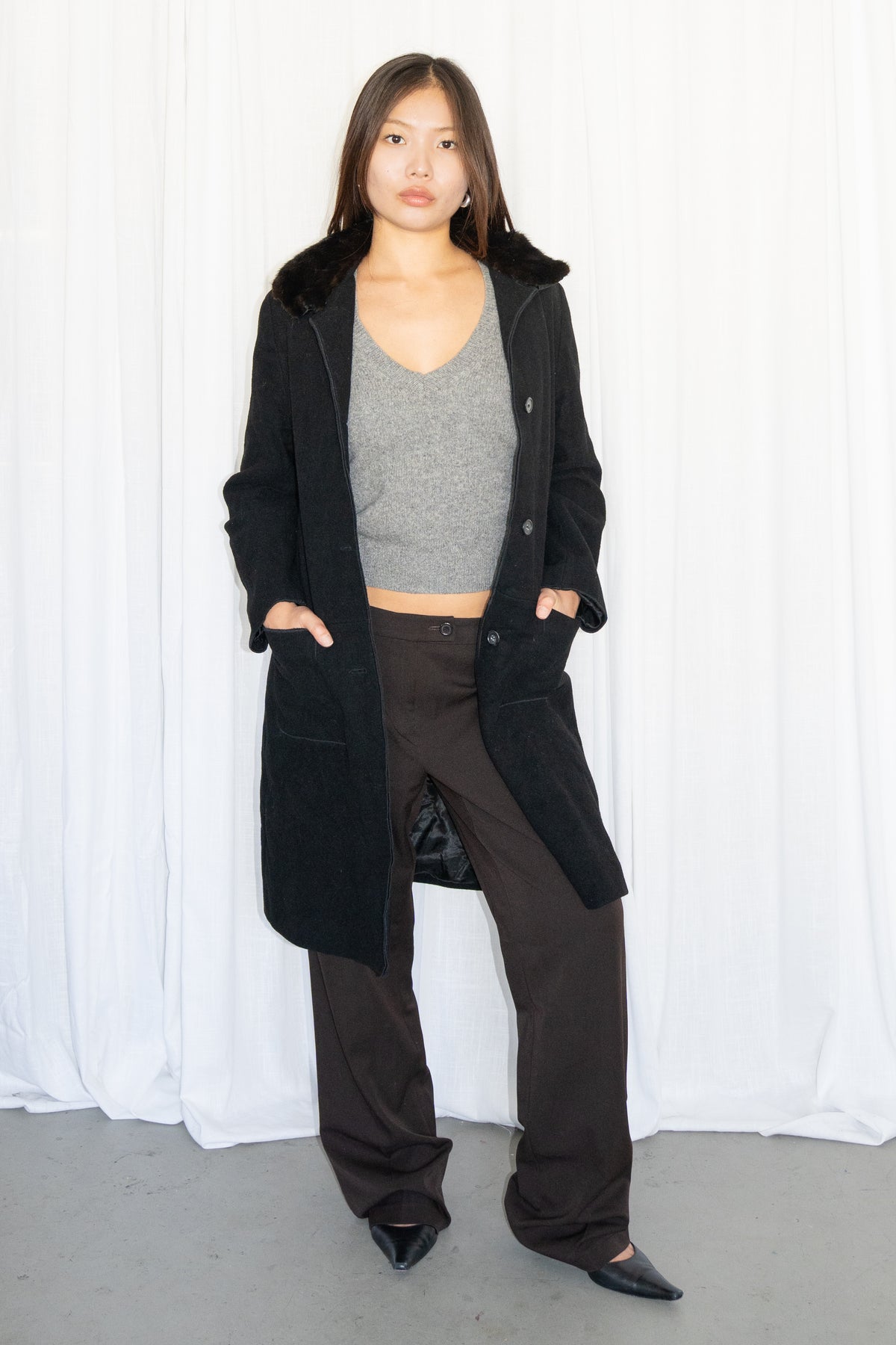 Black Long Coat with Fur Collar - Size S
