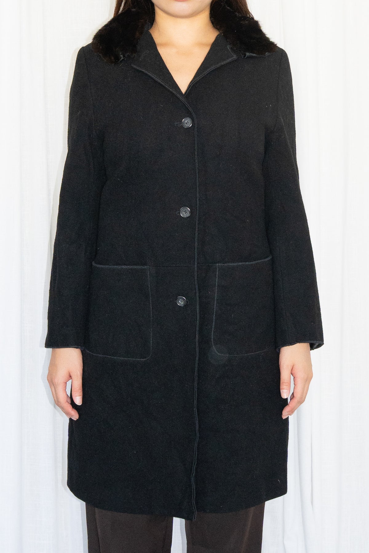 Black Long Coat with Fur Collar - Size S