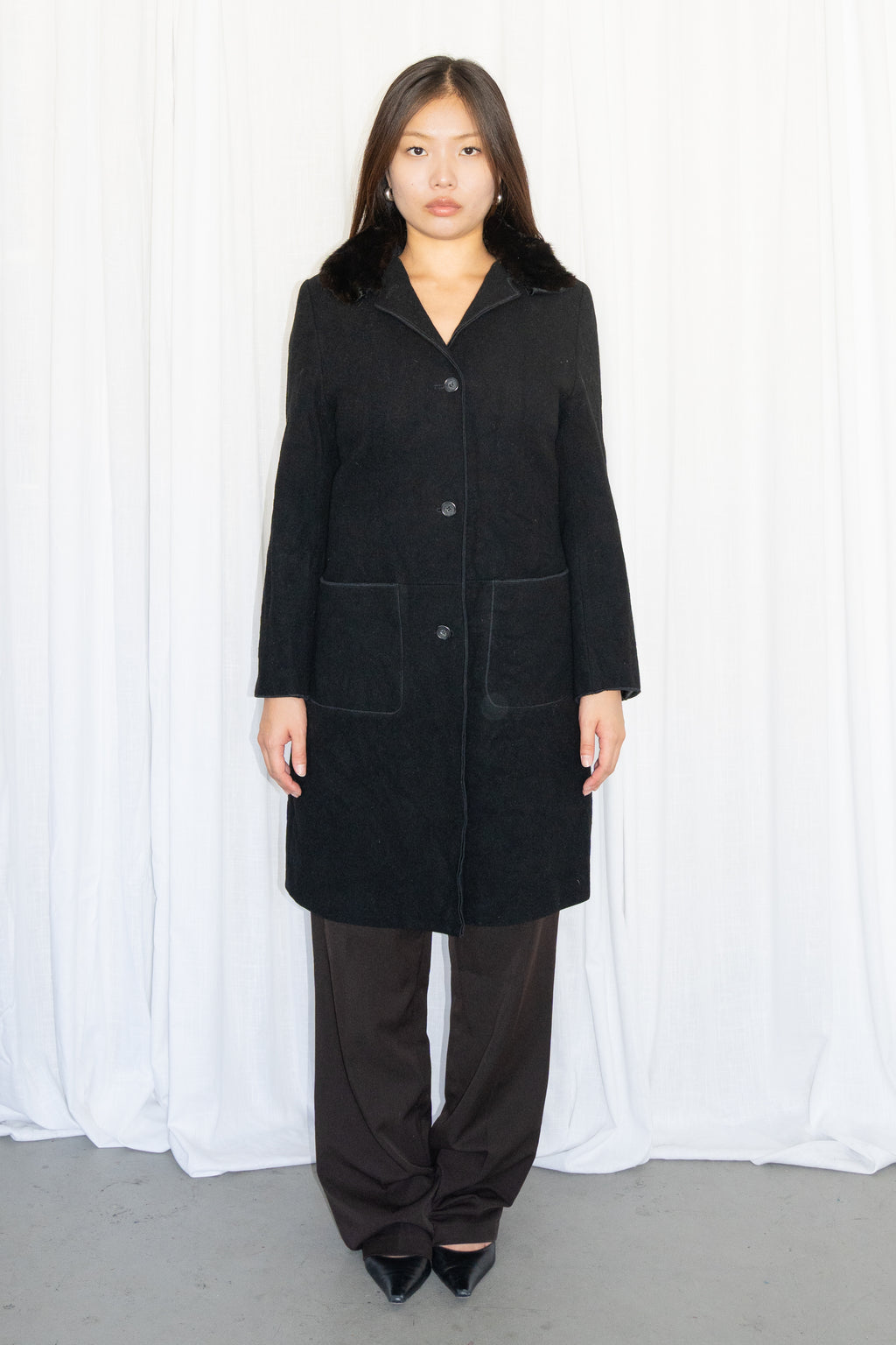Black Long Coat with Fur Collar - Size S