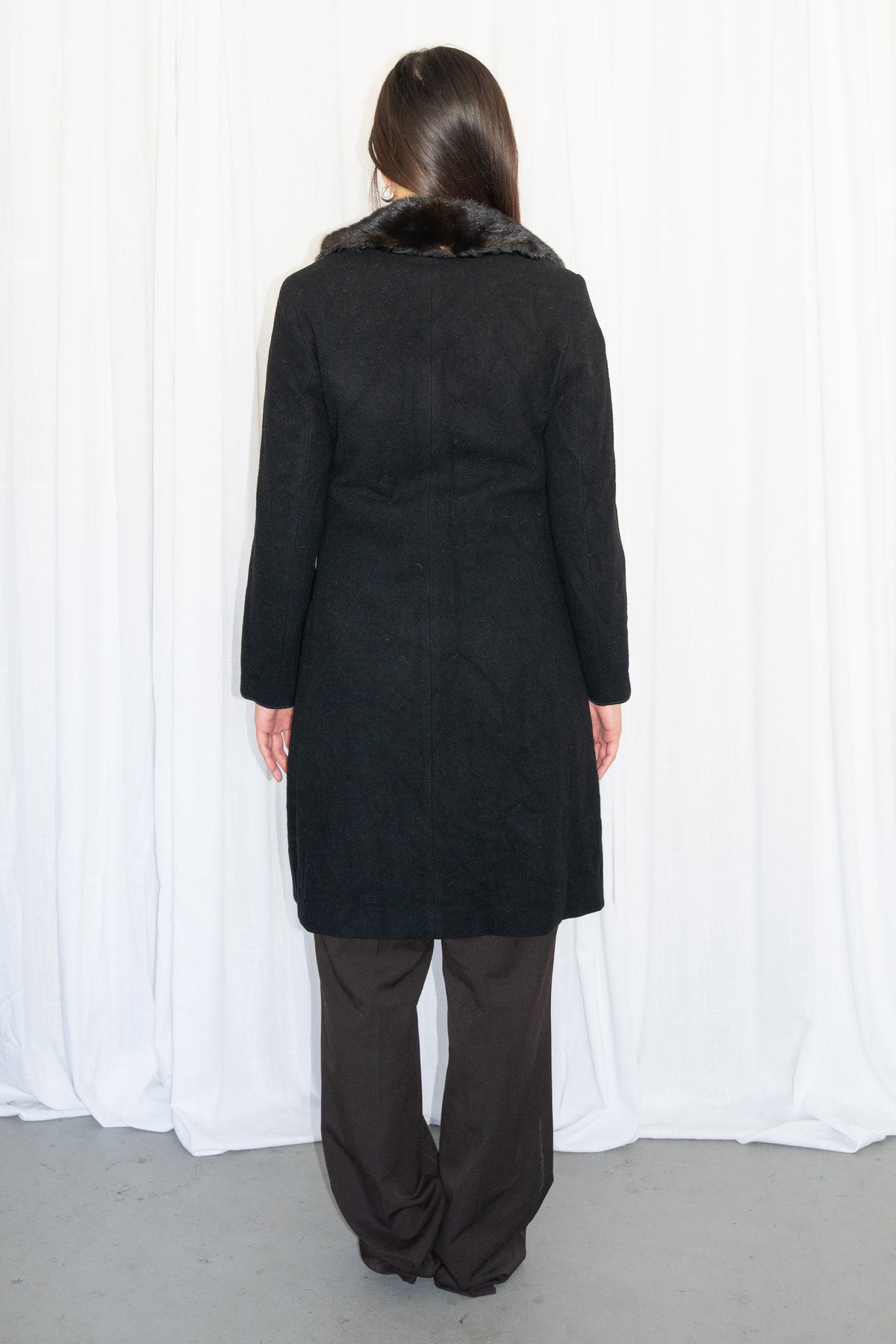 Black Long Coat with Fur Collar - Size S