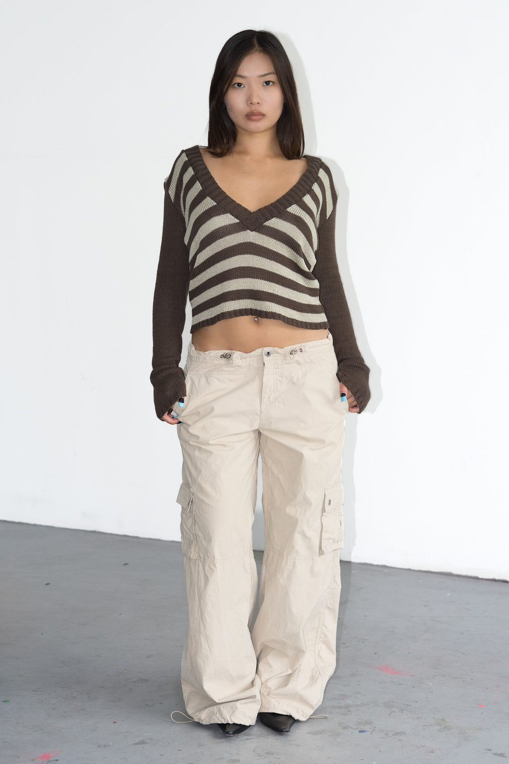 Beige Brown Striped Knit Jumper Deep VNeck - Size S/M