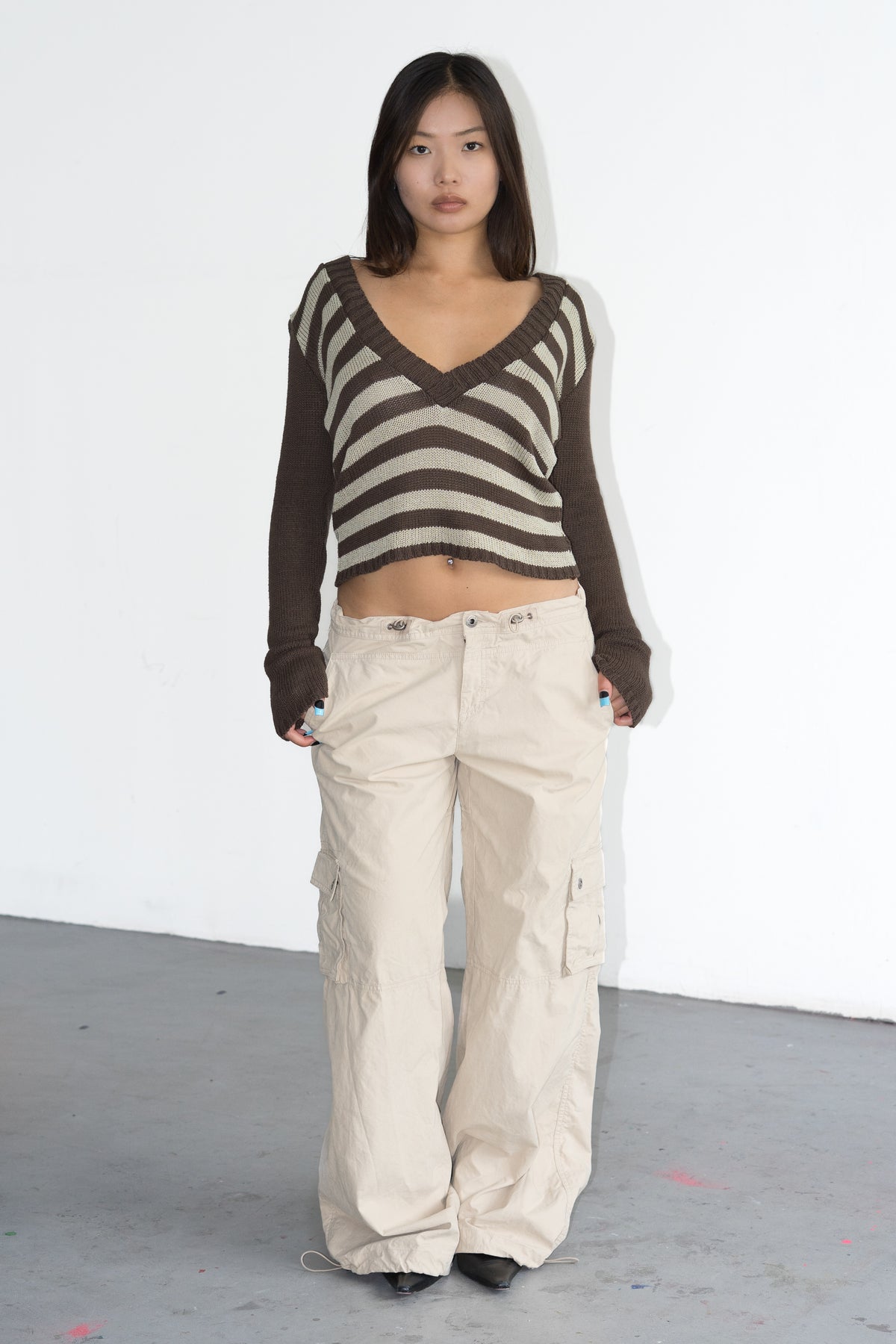 Beige Brown Striped Knit Jumper Deep VNeck - Size S/M