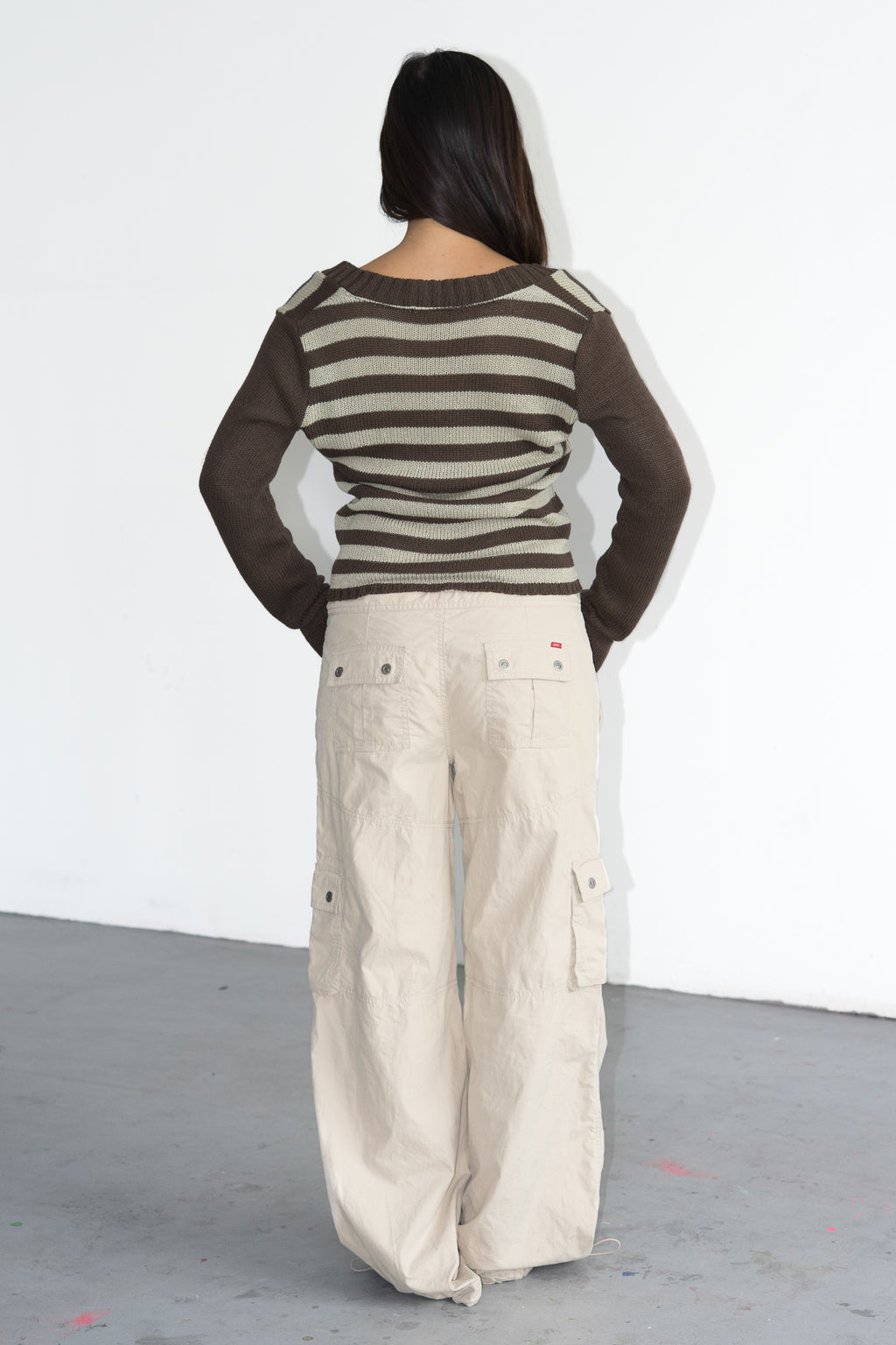 Beige Brown Striped Knit Jumper Deep VNeck - Size S/M