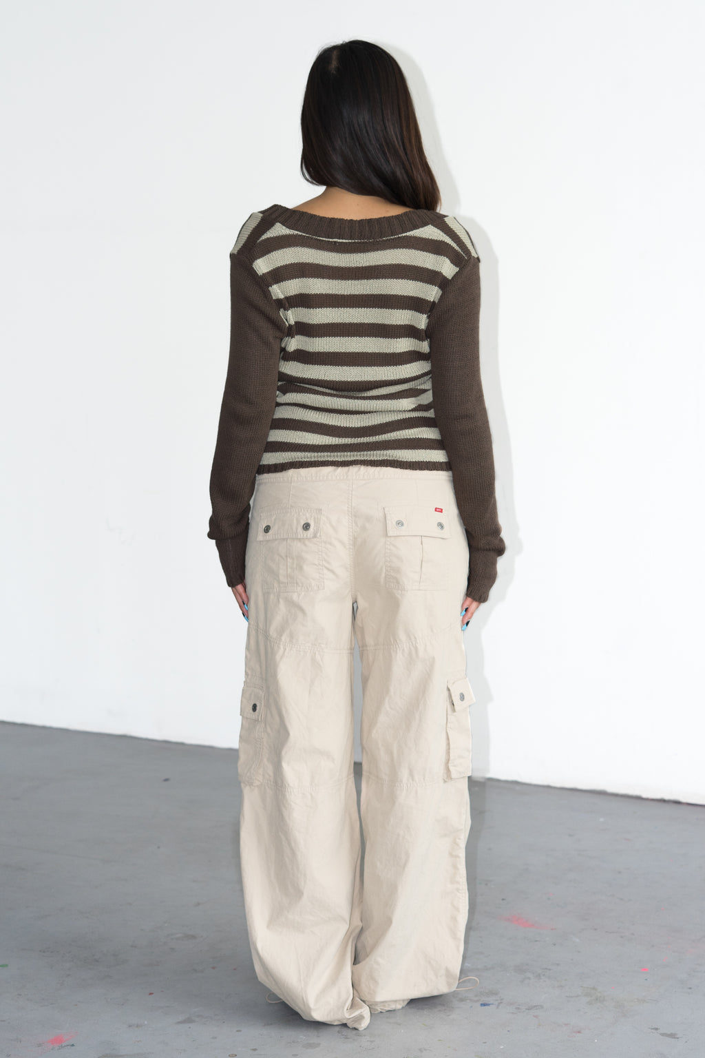 Beige Brown Striped Knit Jumper Deep VNeck - Size S/M
