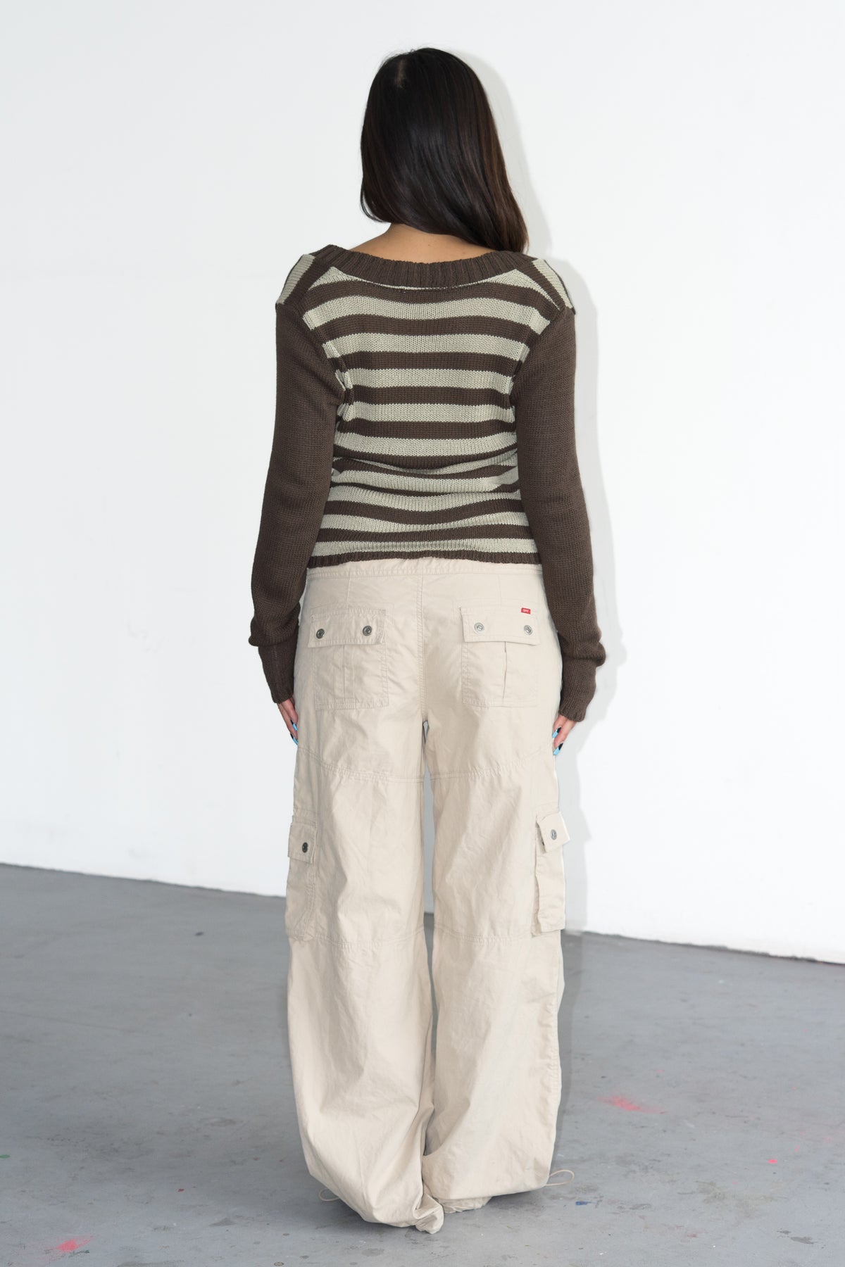 Beige Brown Striped Knit Jumper Deep VNeck - Size S/M
