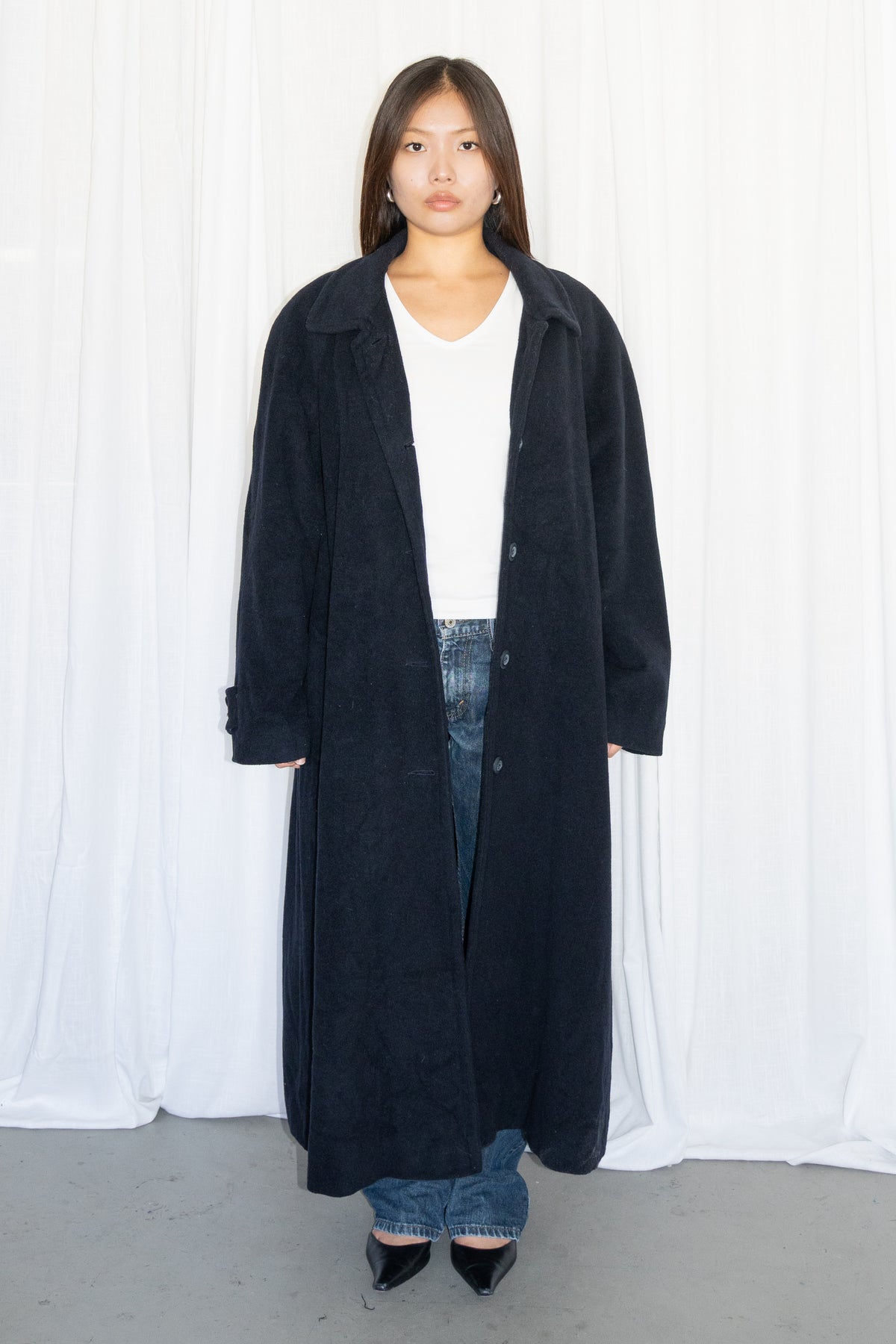 Dark Blue Long Trench Coat - Size L