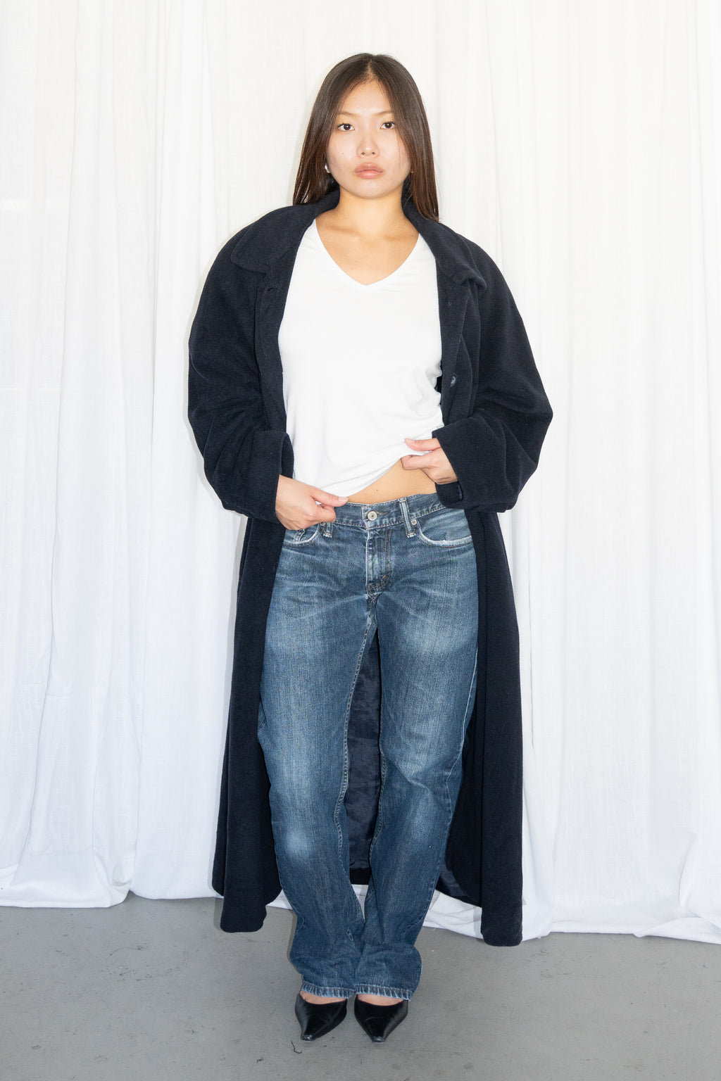 Dark Blue Long Trench Coat - Size L