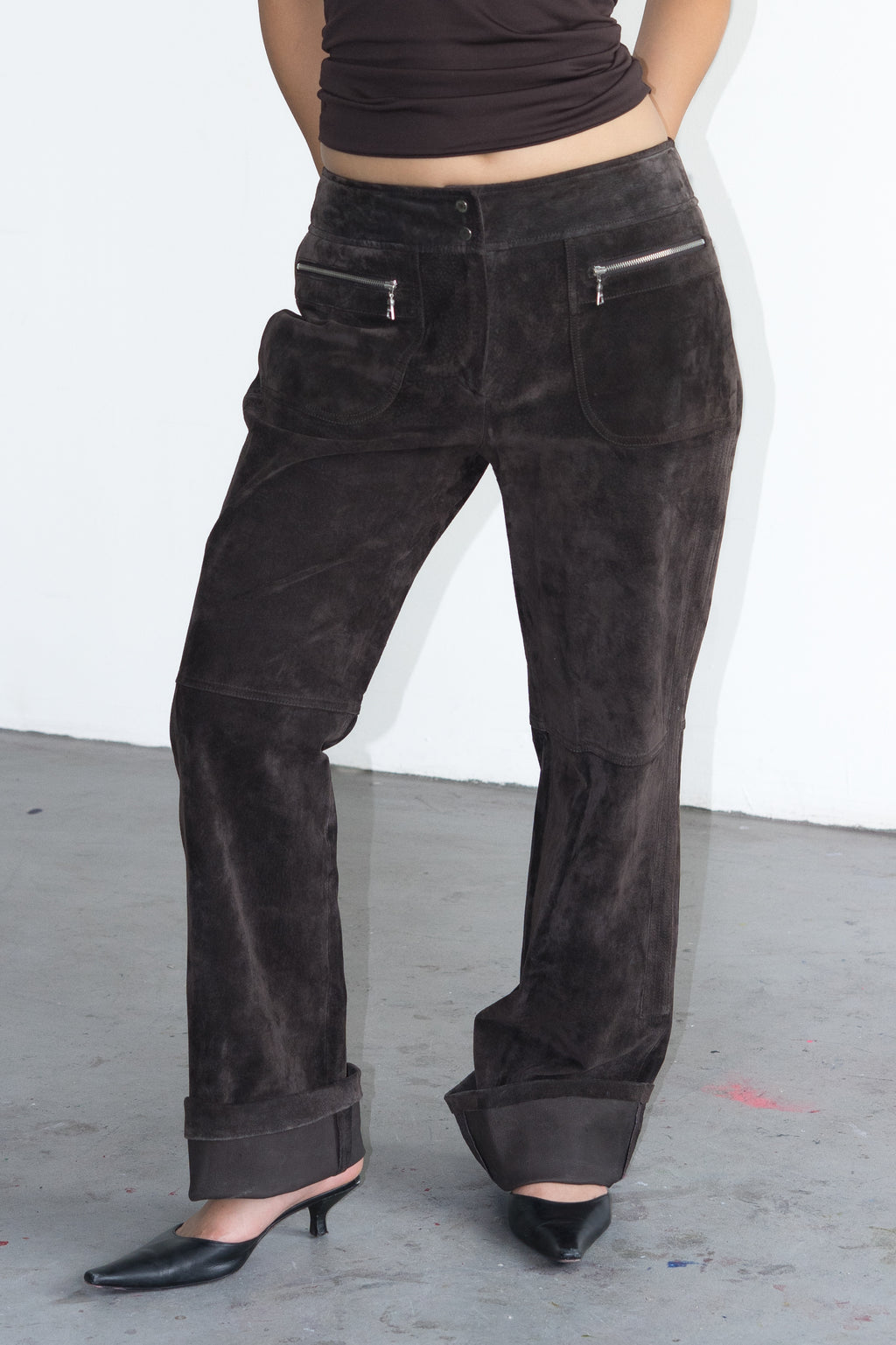 Brown Suede Leather Trousers - Size L