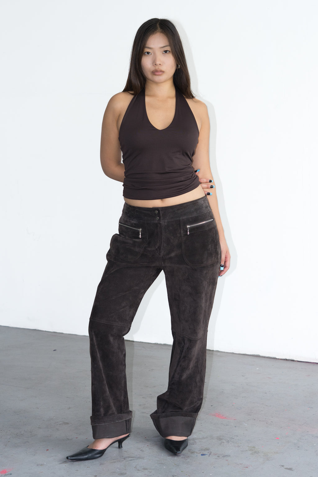 Brown Suede Leather Trousers - Size L