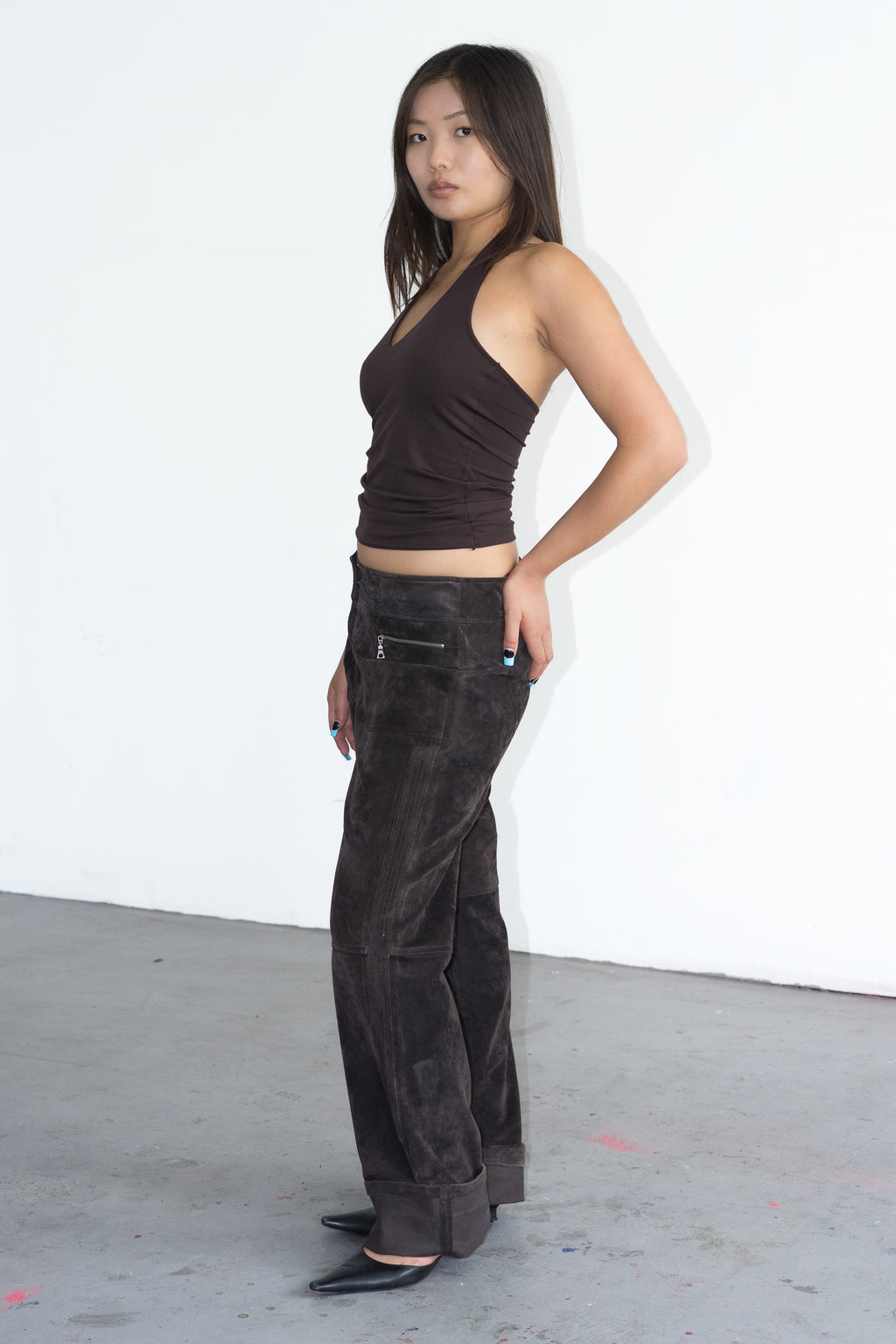 Brown Suede Leather Trousers - Size L