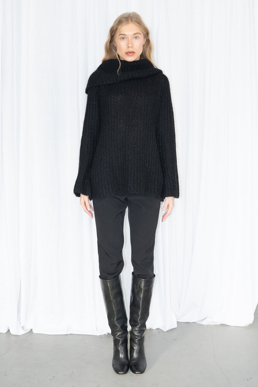 Black Ribbed Double-Neck Knit Sweater - Size S/M
