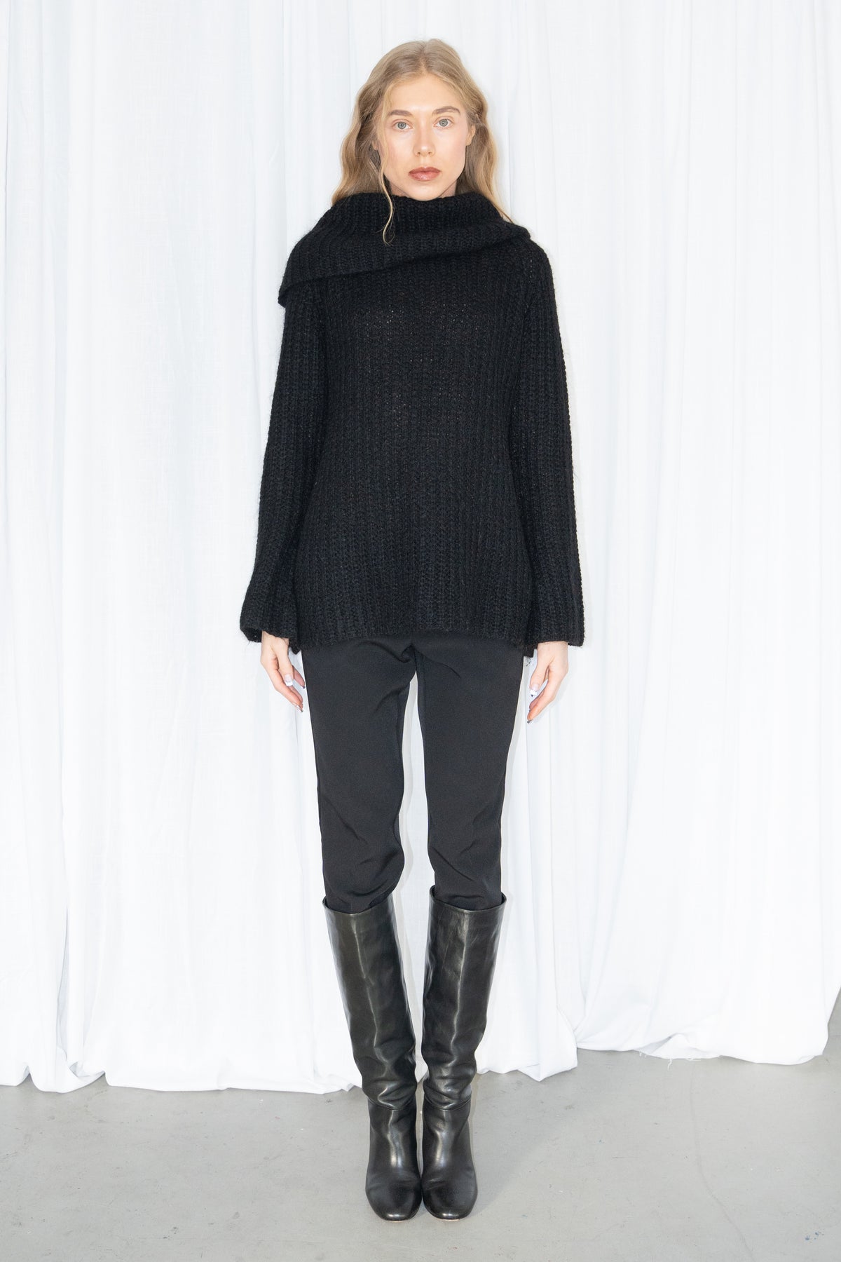 Black Ribbed Double-Neck Knit Sweater - Size S/M
