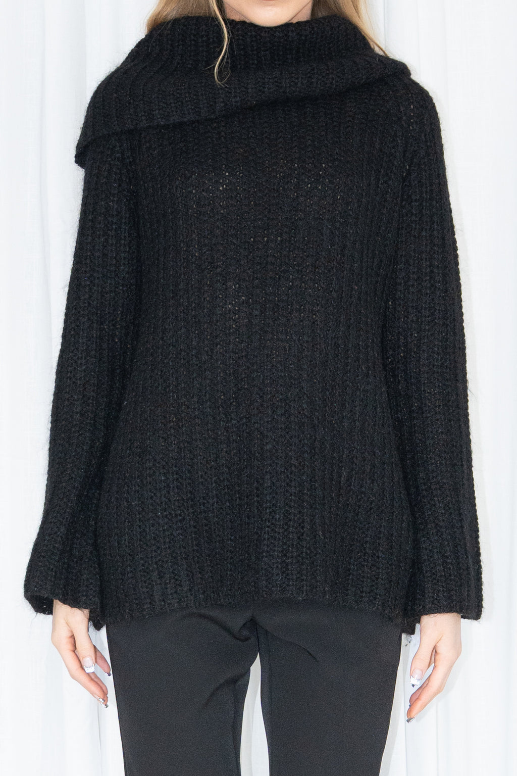 Black Ribbed Double-Neck Knit Sweater - Size S/M