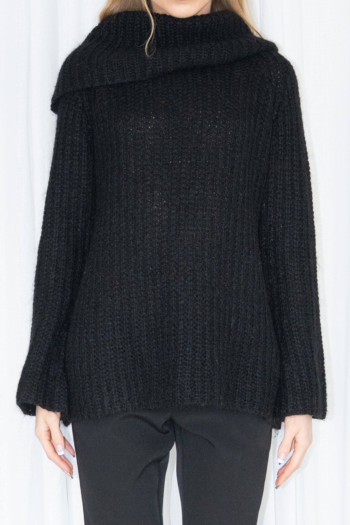 Black Ribbed Double-Neck Knit Sweater - Size S/M