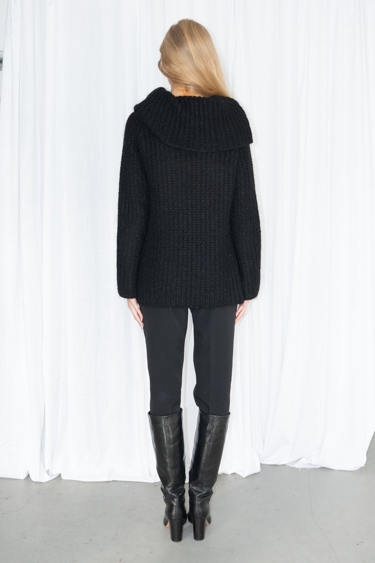 Black Ribbed Double-Neck Knit Sweater - Size S/M
