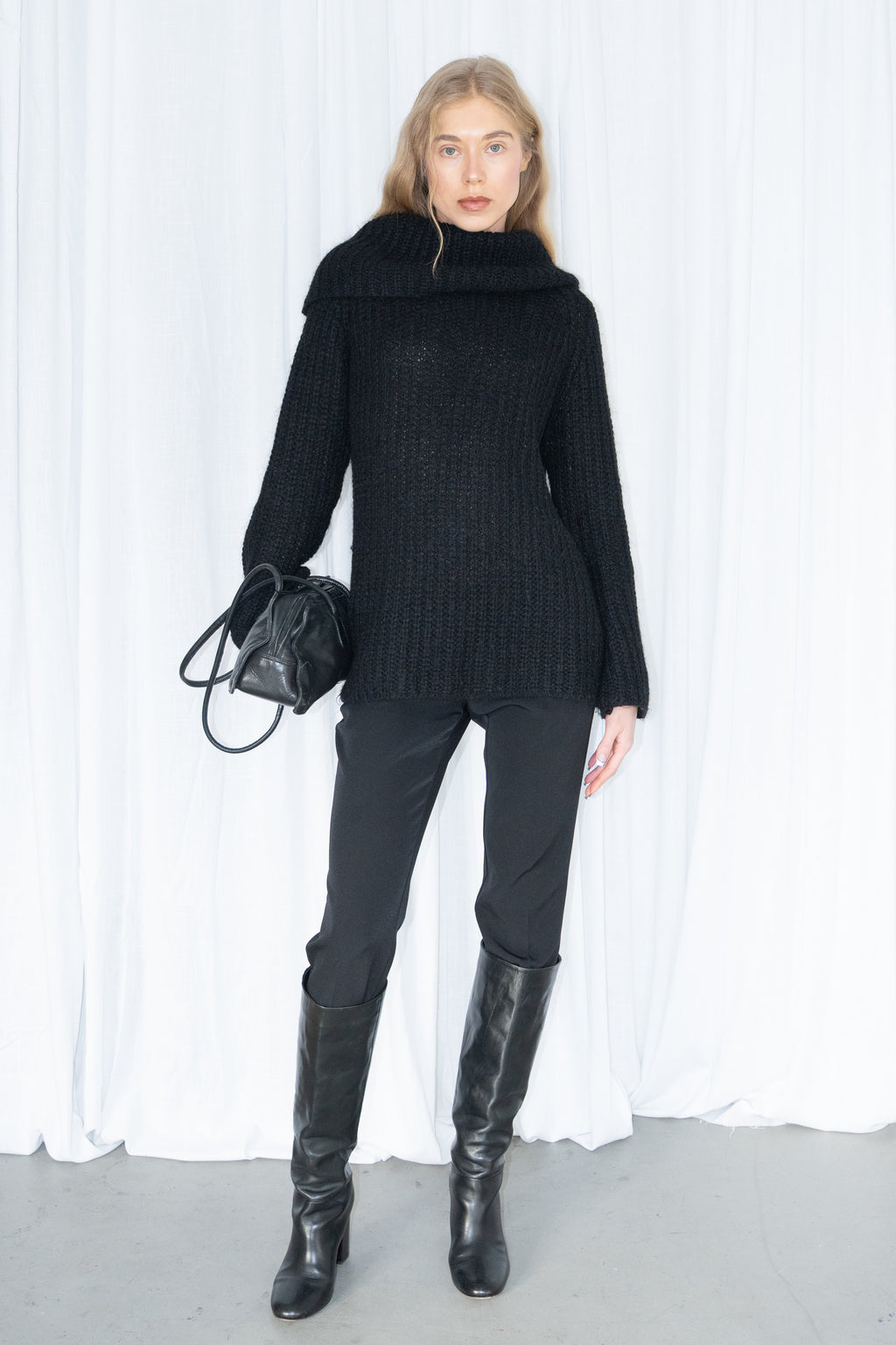 Black Ribbed Double-Neck Knit Sweater - Size S/M