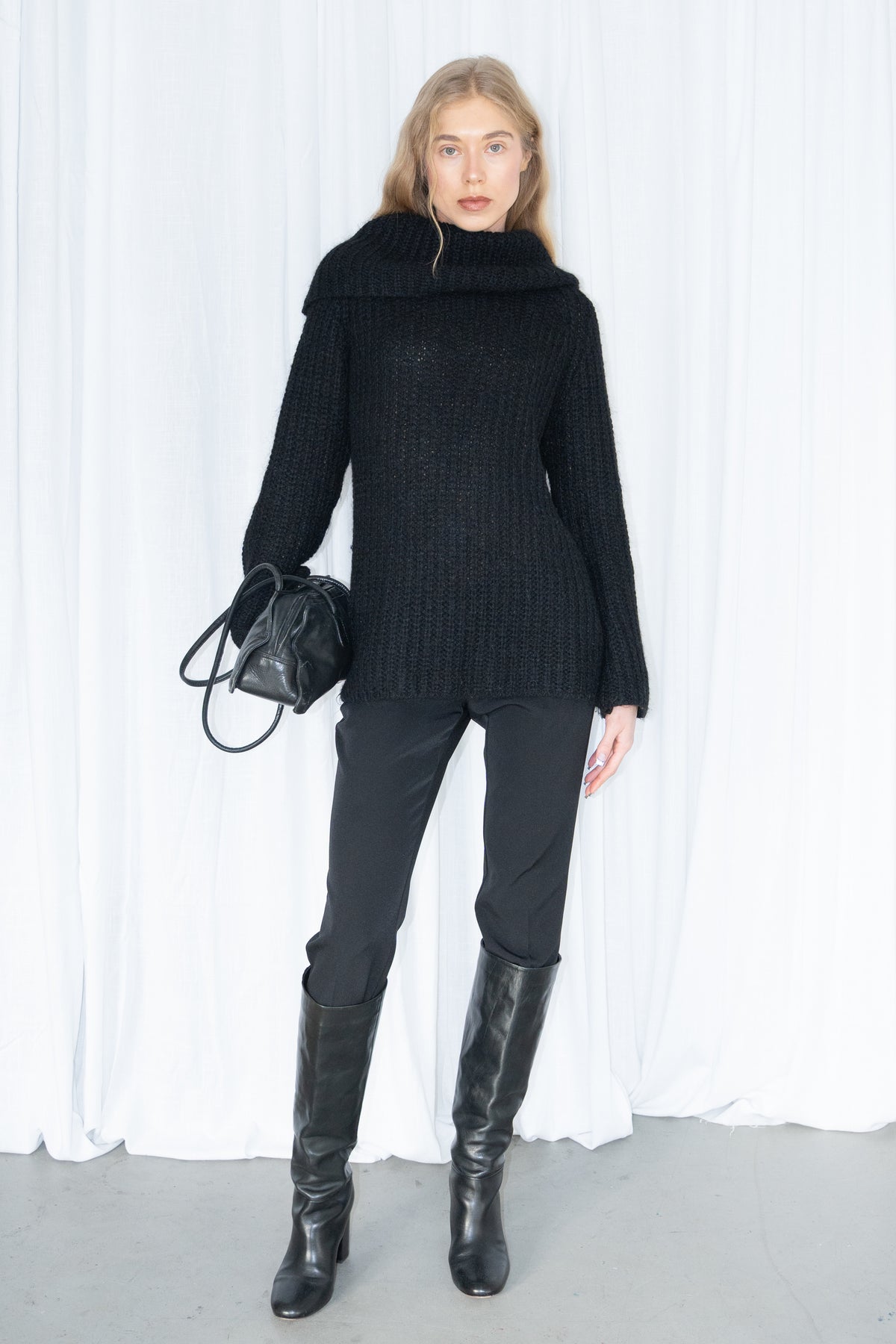 Black Ribbed Double-Neck Knit Sweater - Size S/M