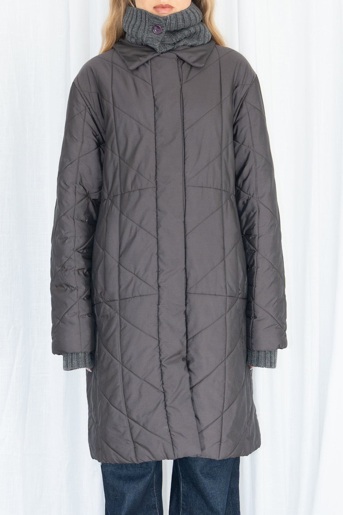 Grey Quilted Long Puffer Coat - Size XL