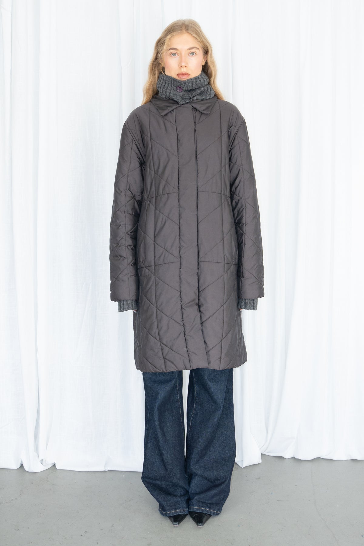 Grey Quilted Long Puffer Coat - Size XL