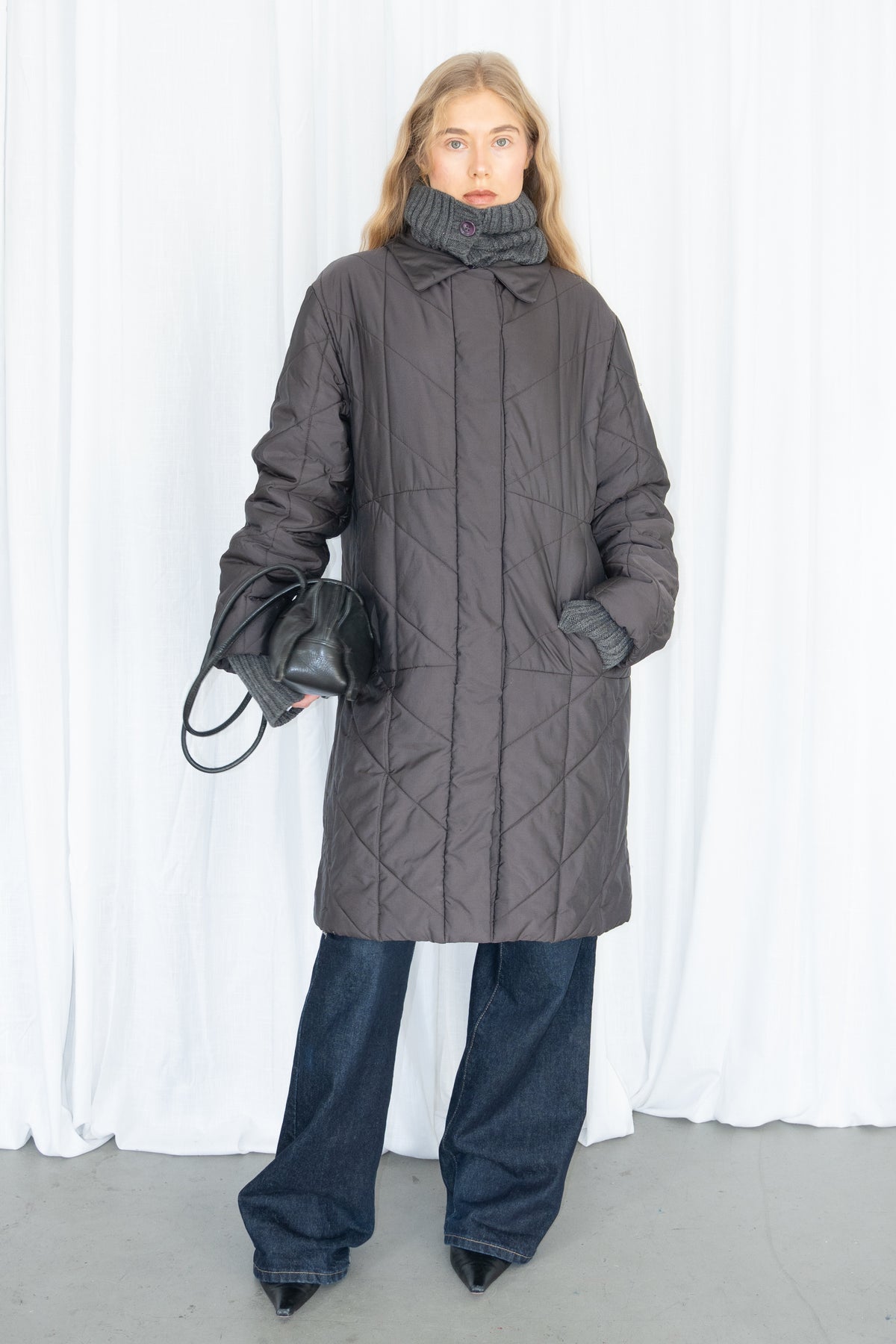 Grey Quilted Long Puffer Coat - Size XL