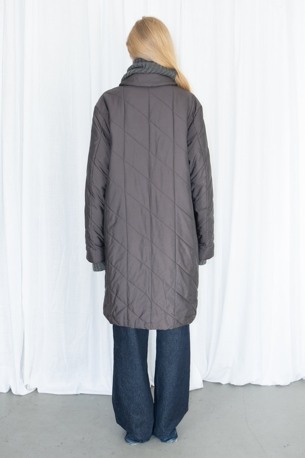 Grey Quilted Long Puffer Coat - Size XL