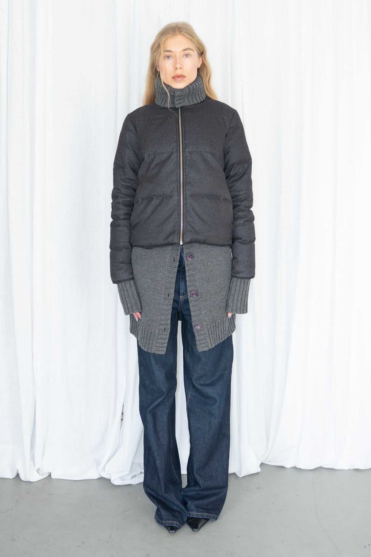 Grey Cropped Zip-Up Puffer Jacket - Size S