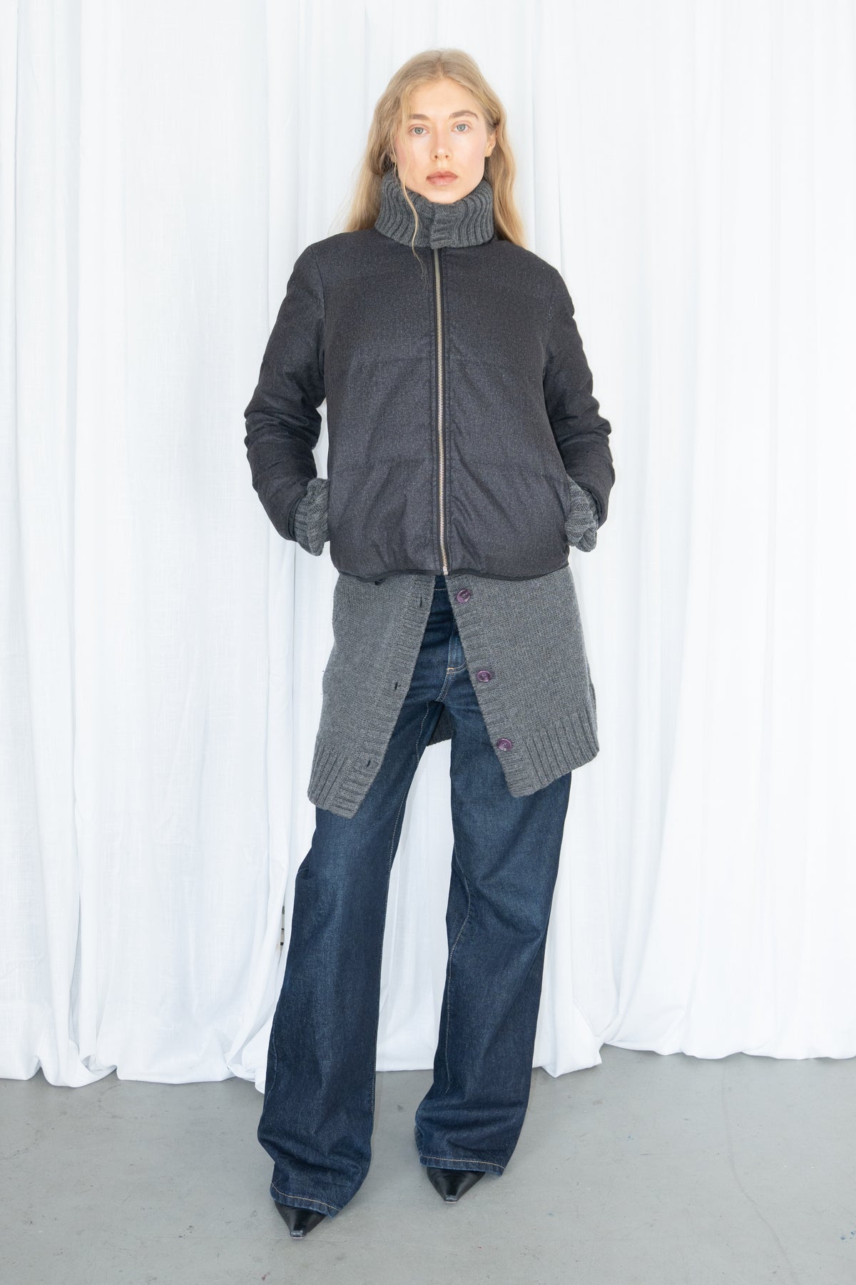 Grey Cropped Zip-Up Puffer Jacket - Size S