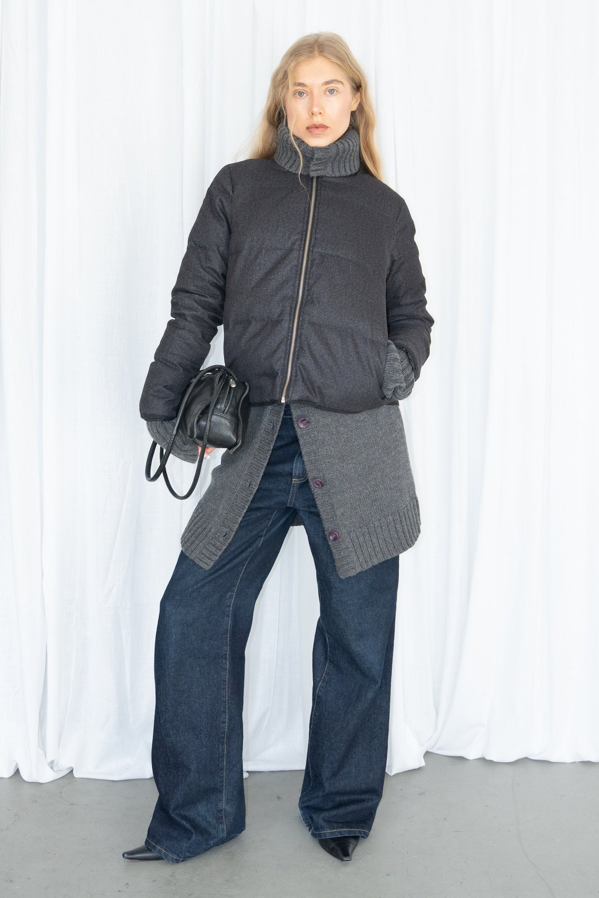 Grey Cropped Zip-Up Puffer Jacket - Size S