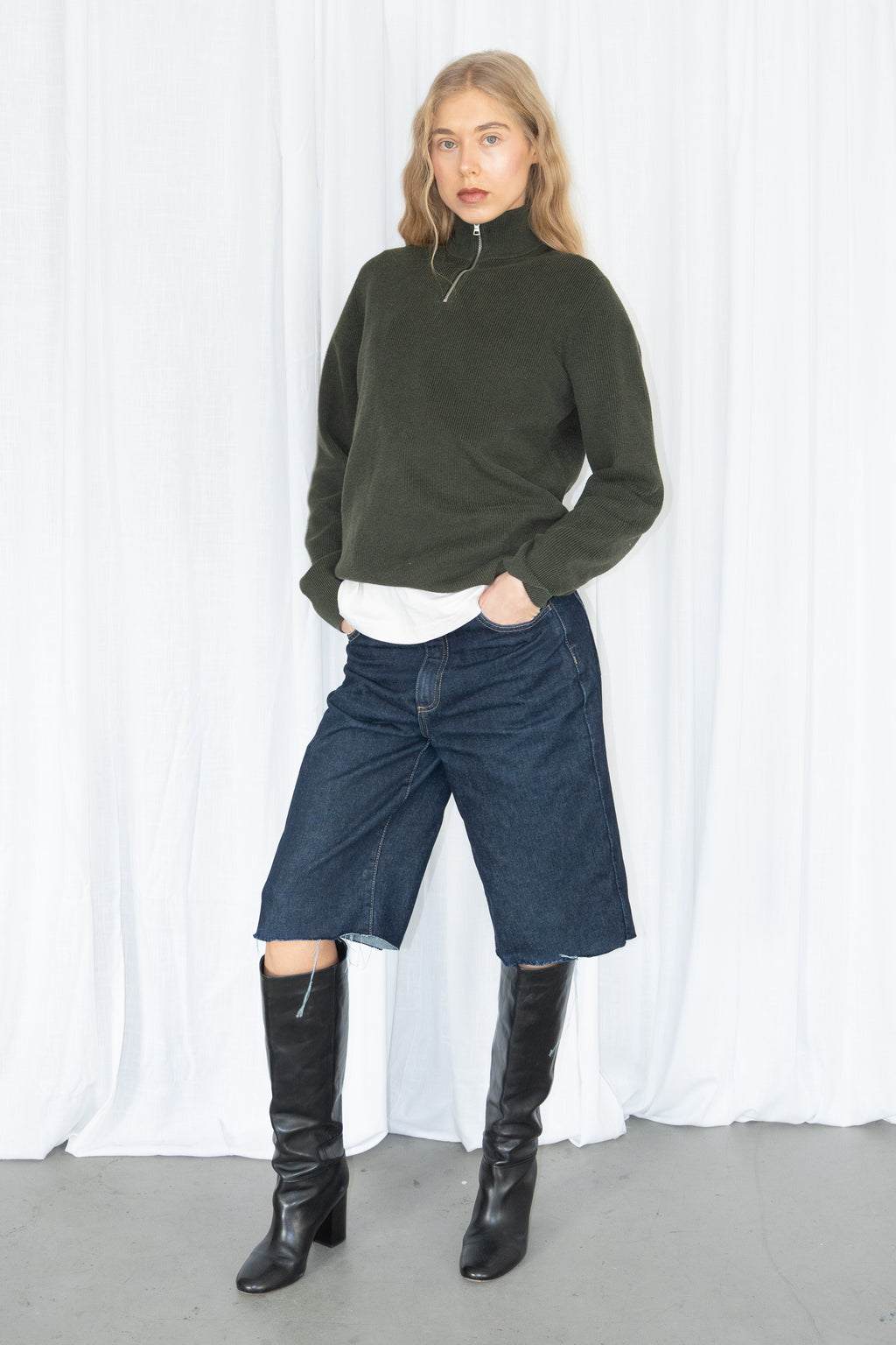 Green Half-Zip Knit Sweater 40% Cotton - Size M