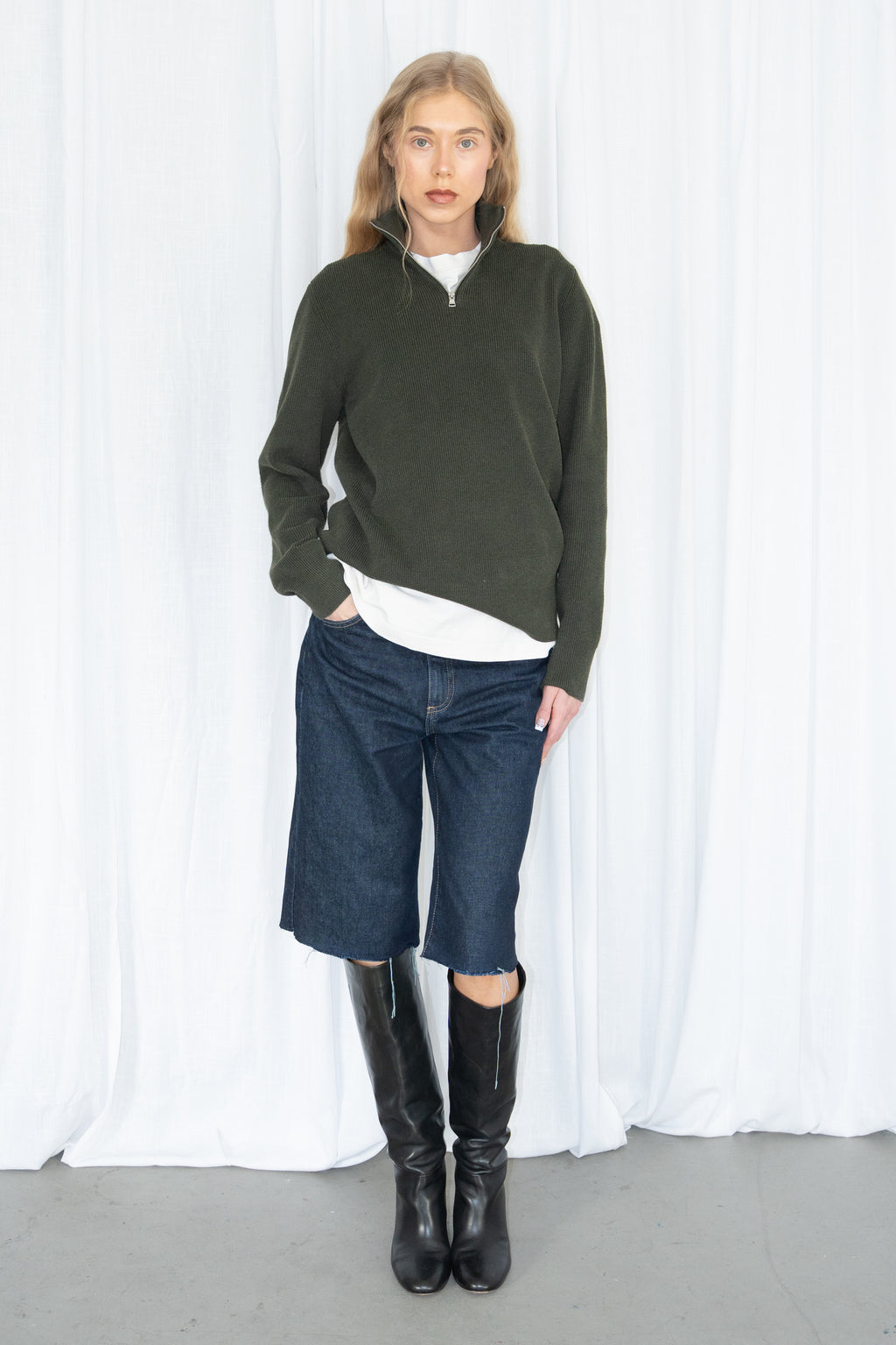 Green Half-Zip Knit Sweater 40% Cotton - Size M