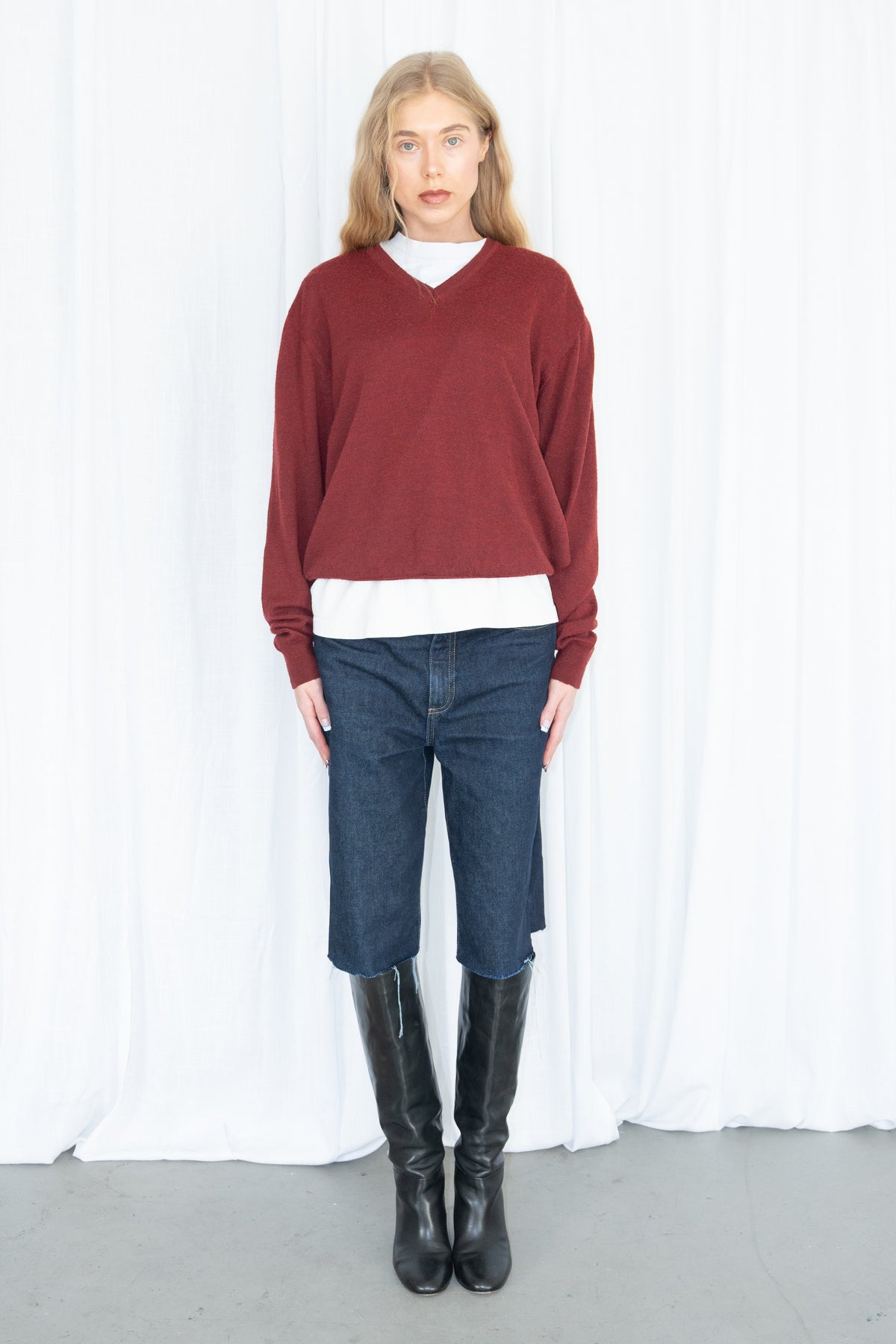 Burgundy V-Neck Knit Sweater - Size L