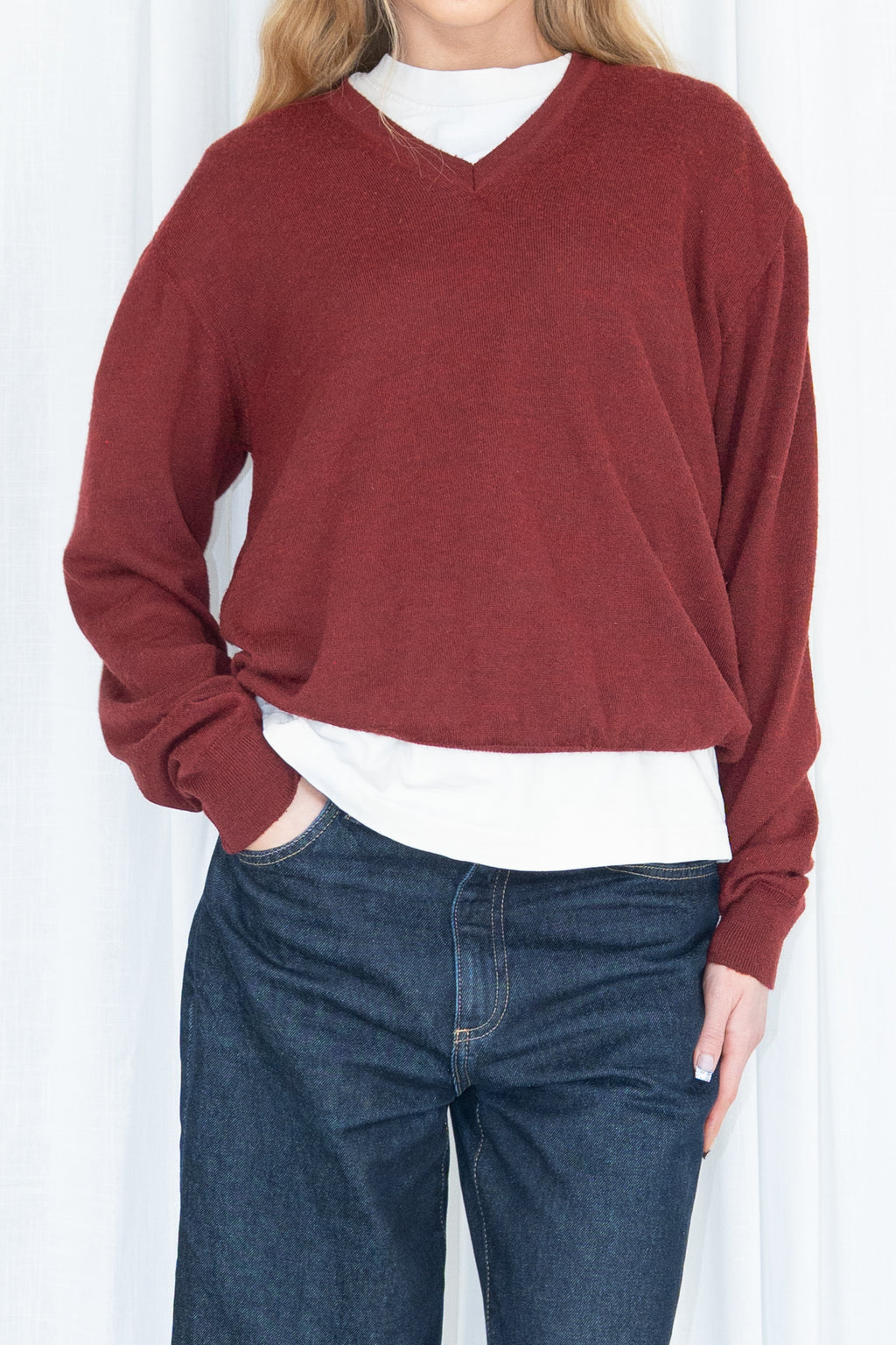 Burgundy V-Neck Knit Sweater - Size L