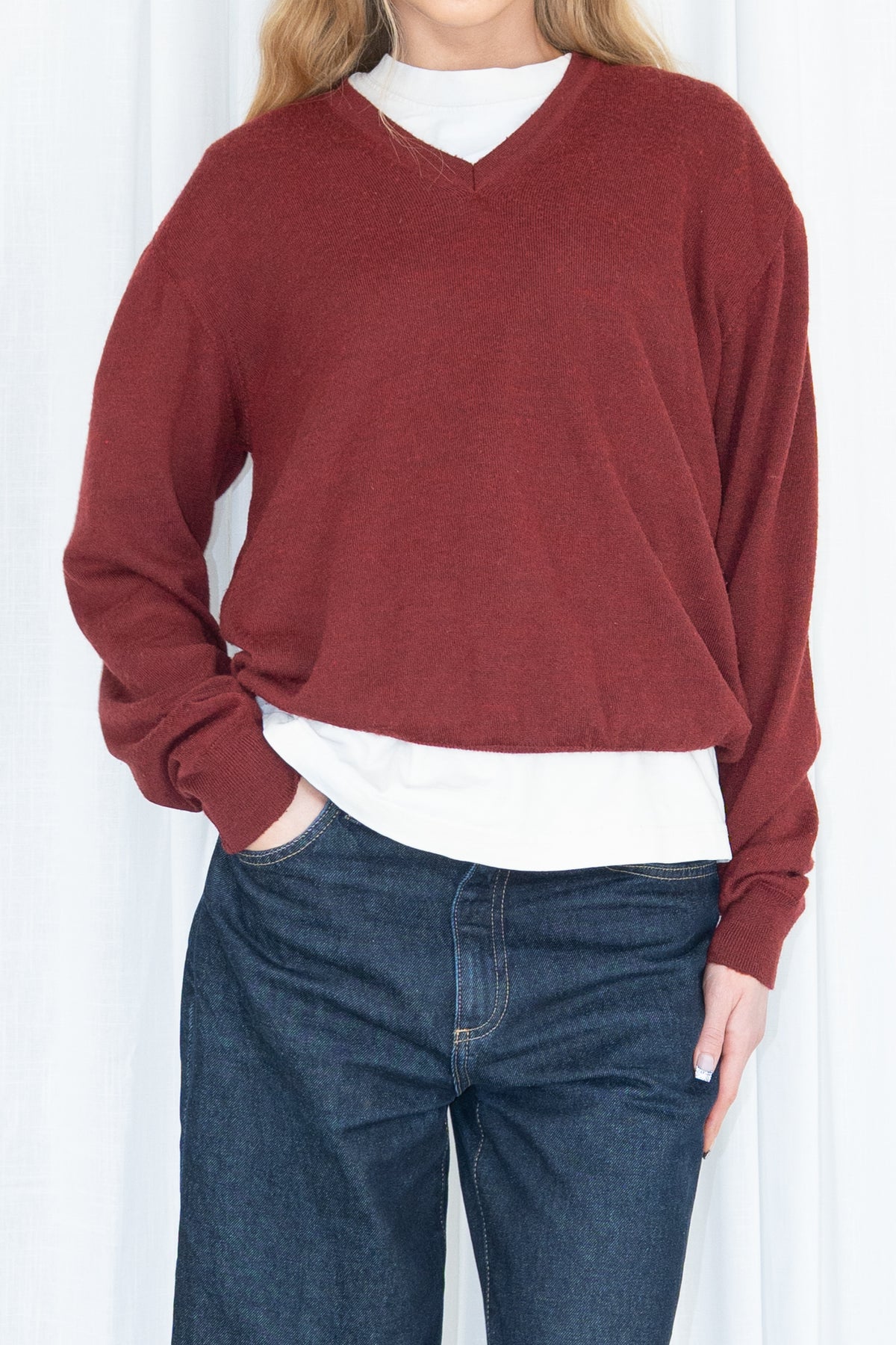 Burgundy V-Neck Knit Sweater - Size L